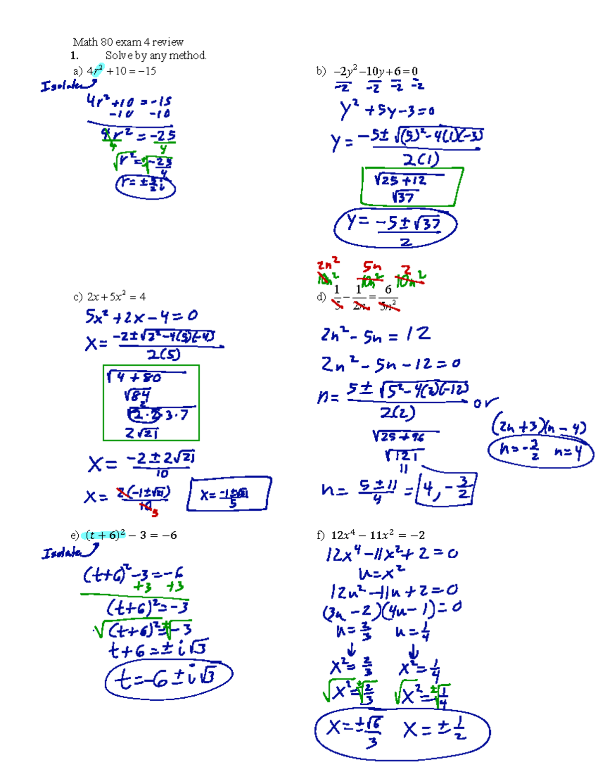 80-revexam 4 answers-Ch 8, 9 - Math 80 exam 4 review 1. Solve by any ...