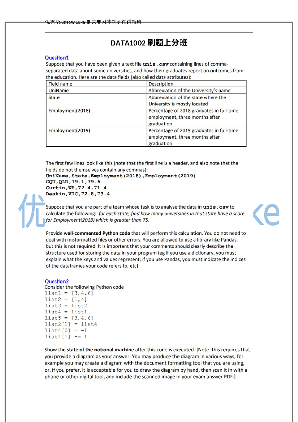 DATA1002Final Exam Question - DATA1002 - DATA1002 刷题上分班 Question ...