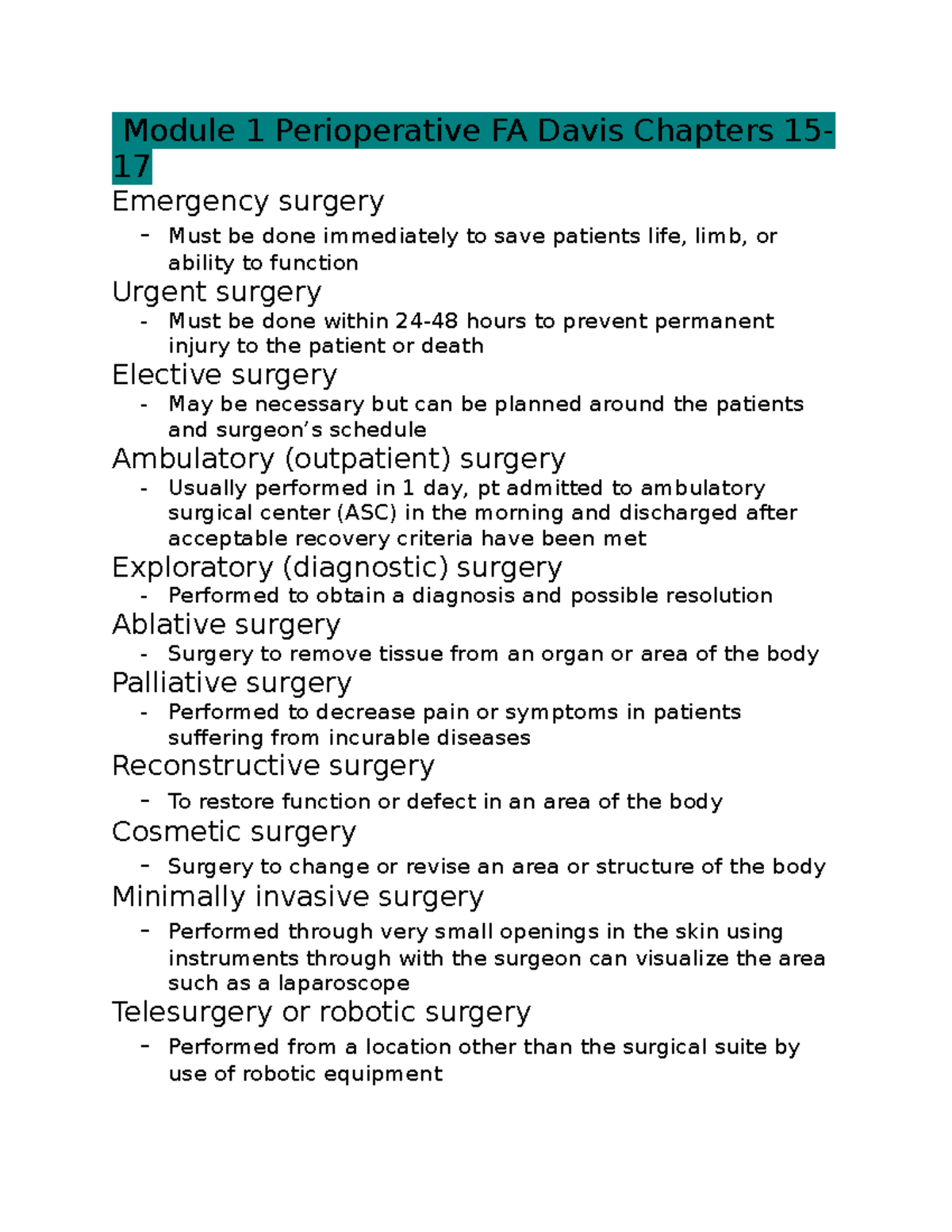 Module 1 425 - Lecture Notes - Module 1 Perioperative FA Davis Chapters ...