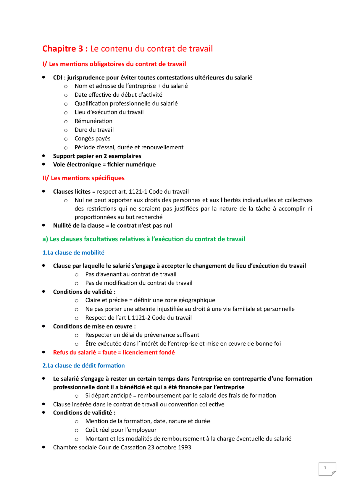 CHAP3 - LE Contenu - 1 Chapitre 3 : Le Contenu Du Contrat De Travail I ...