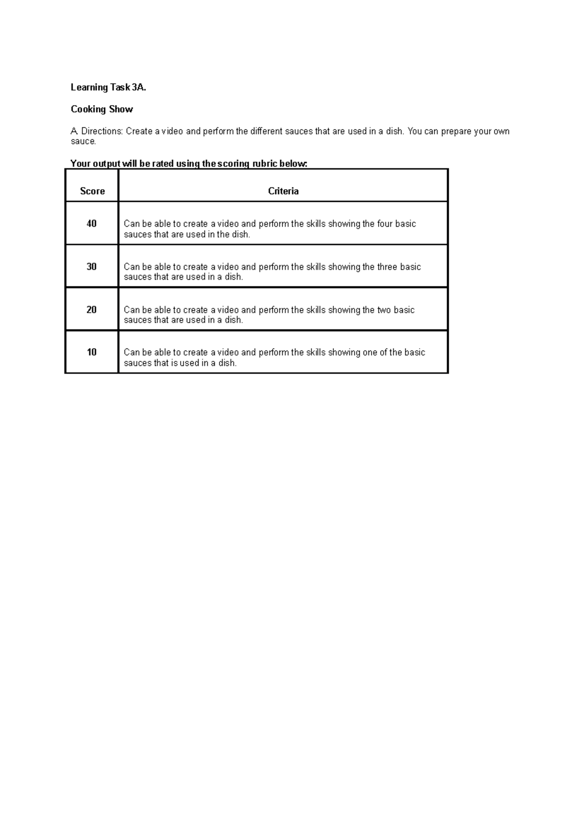 Learning Task 3A - Notes - Learning Task 3A. Cooking Show A. Directions ...
