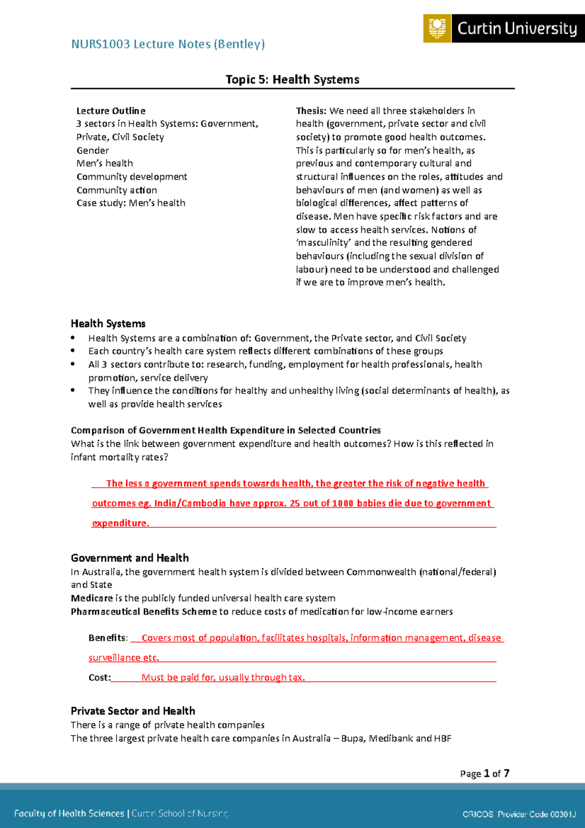 NURS1003 Topic 5 Health Systems and men's health Topic 5 Health