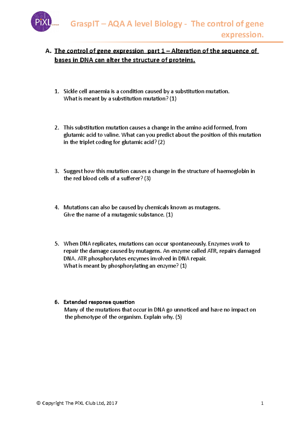 AQA Biology The control of gene expression Grasp IT A level ...