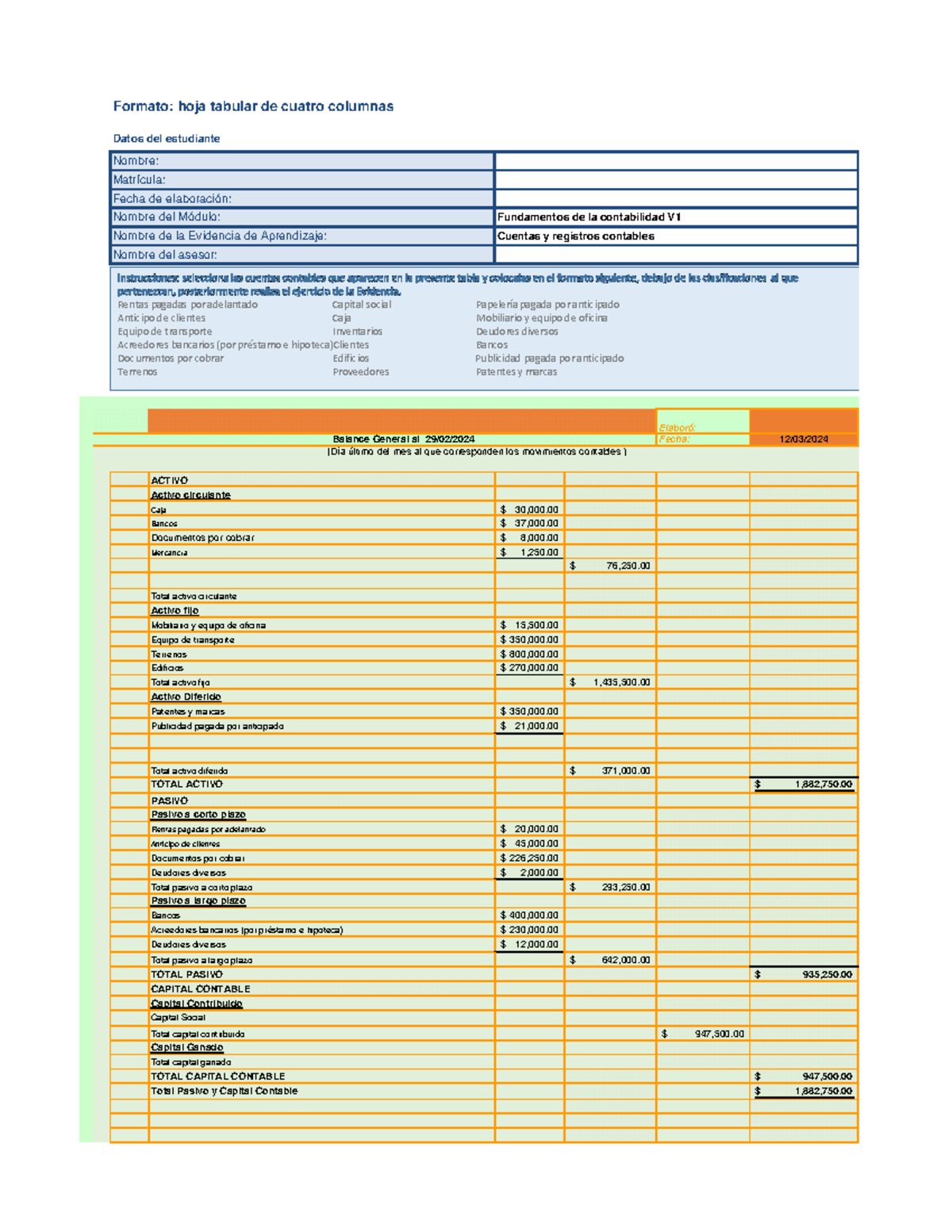 Balance - Formato: hoja tabular de cuatro columnas Elaboró: Fecha: 12 ...