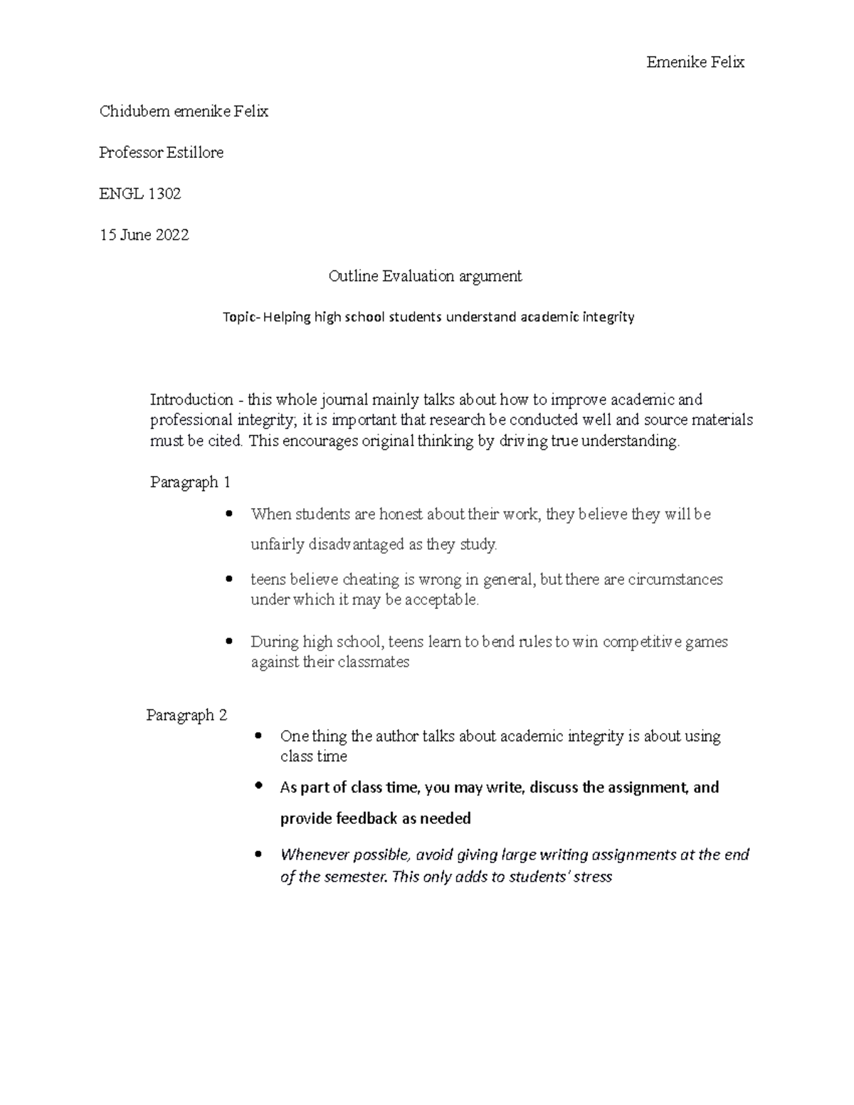 Outline assignment - nothing - Emenike Felix Chidubem emenike Felix ...
