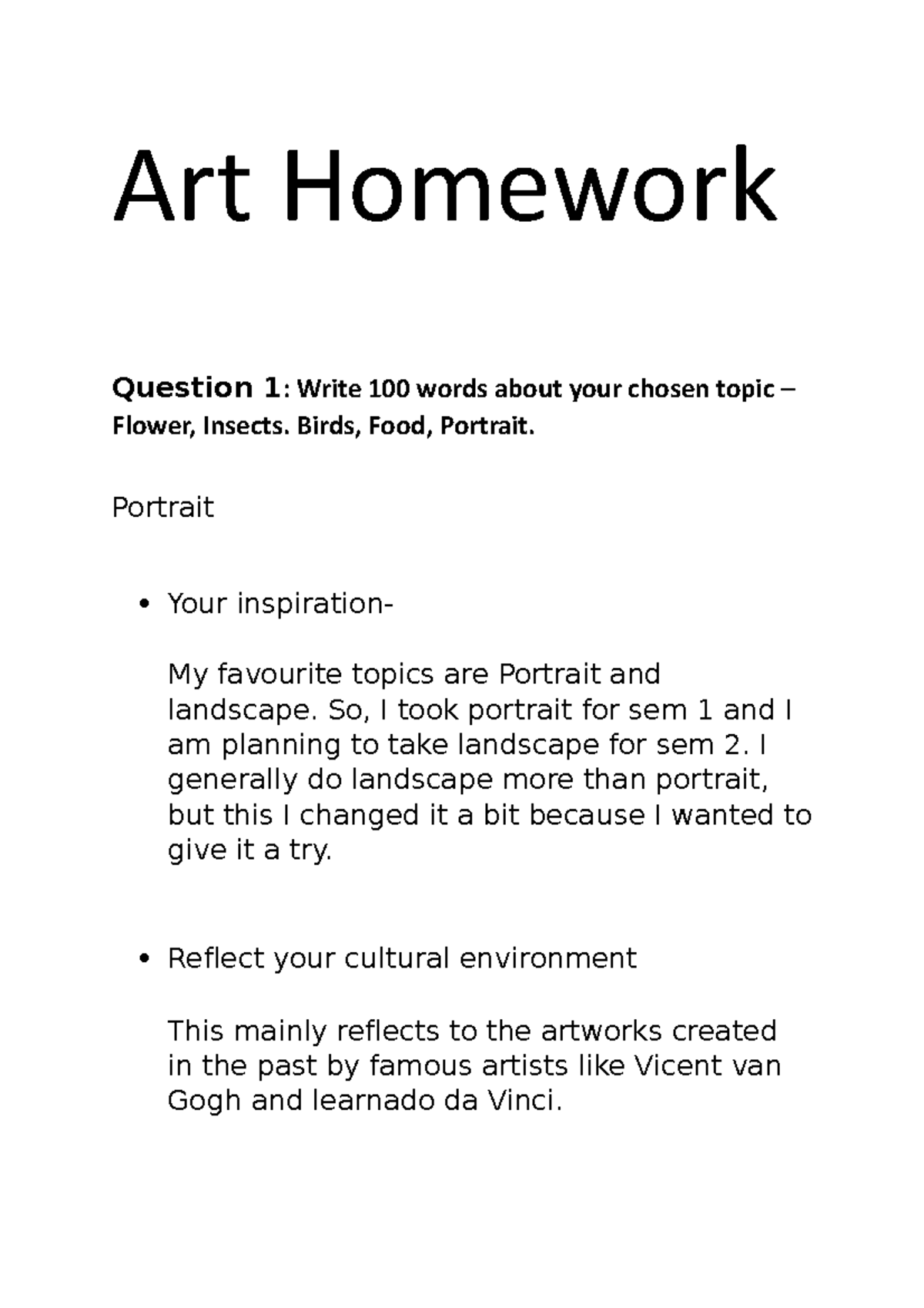 Art Homework dasdsasddasd Art Homework Question 1 Write 100 words