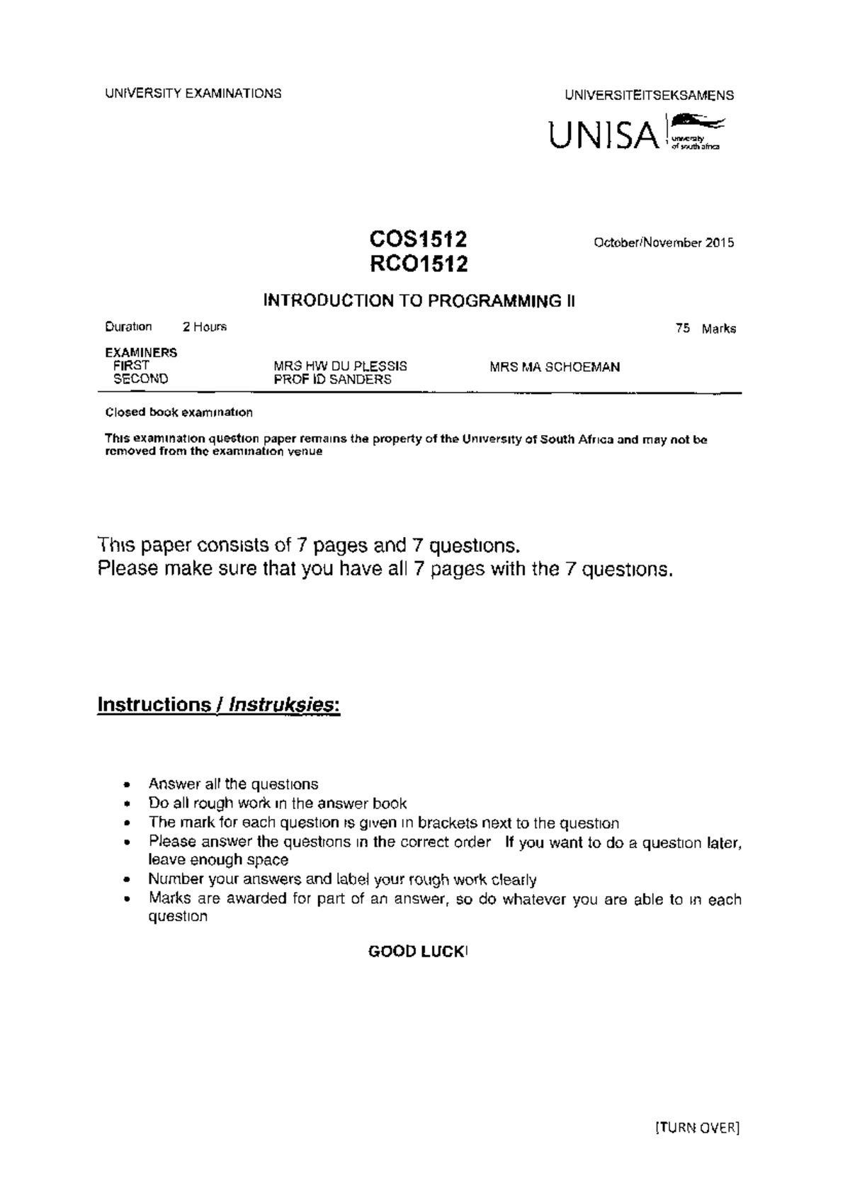 COS1512 2015 October Exam - COS1511 - Studocu