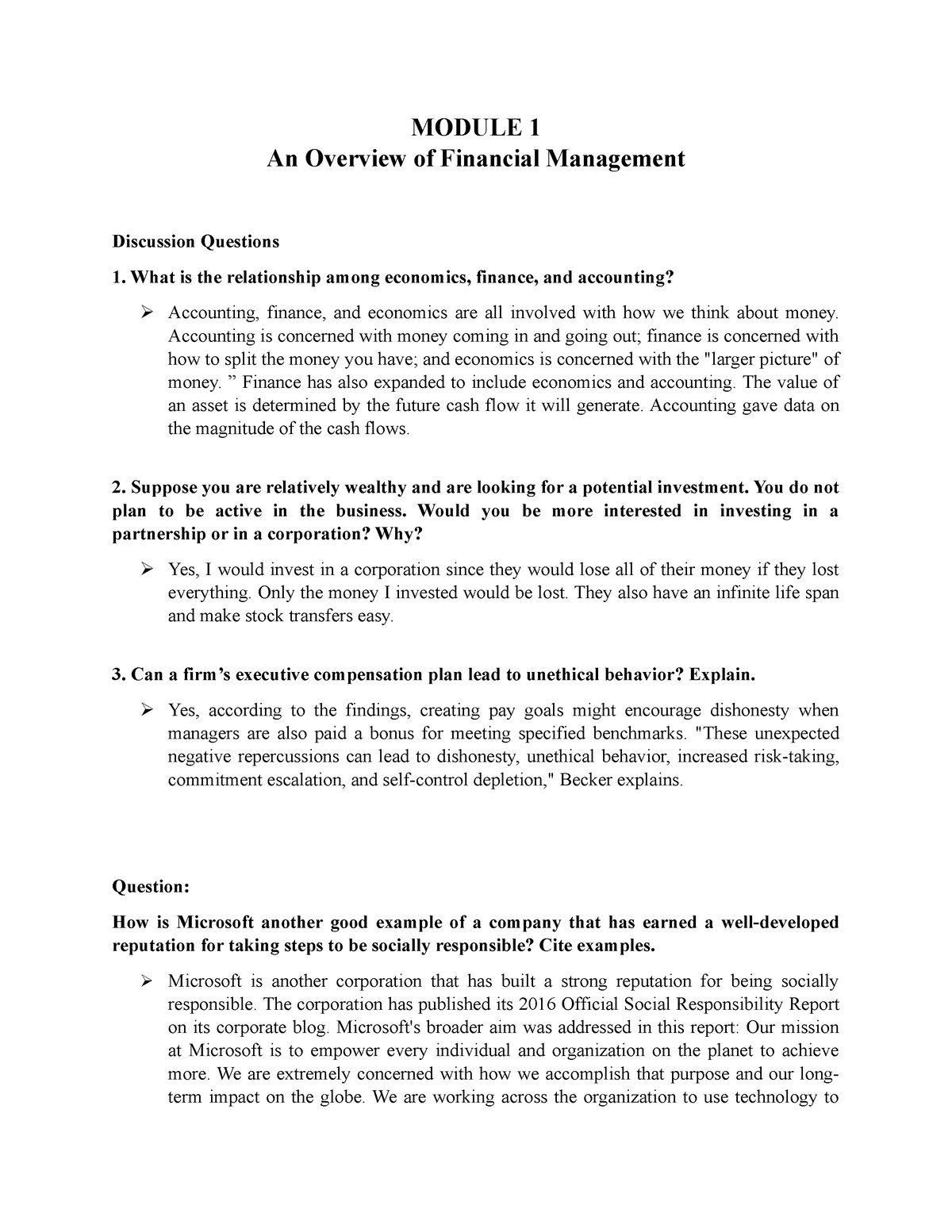 essay questions on financial management