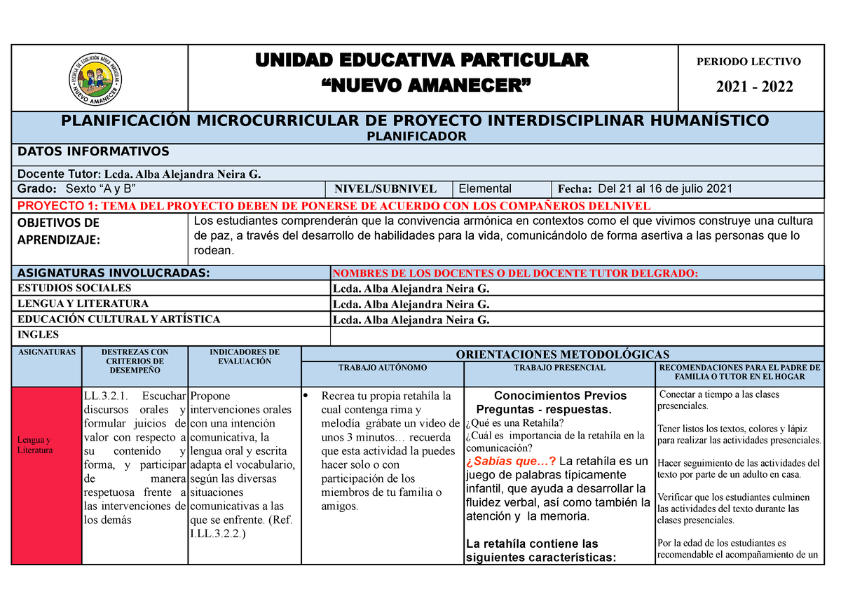 Planificación Proyecto Humanístico Sexto A Y B (1) (2) Semana 1 ...