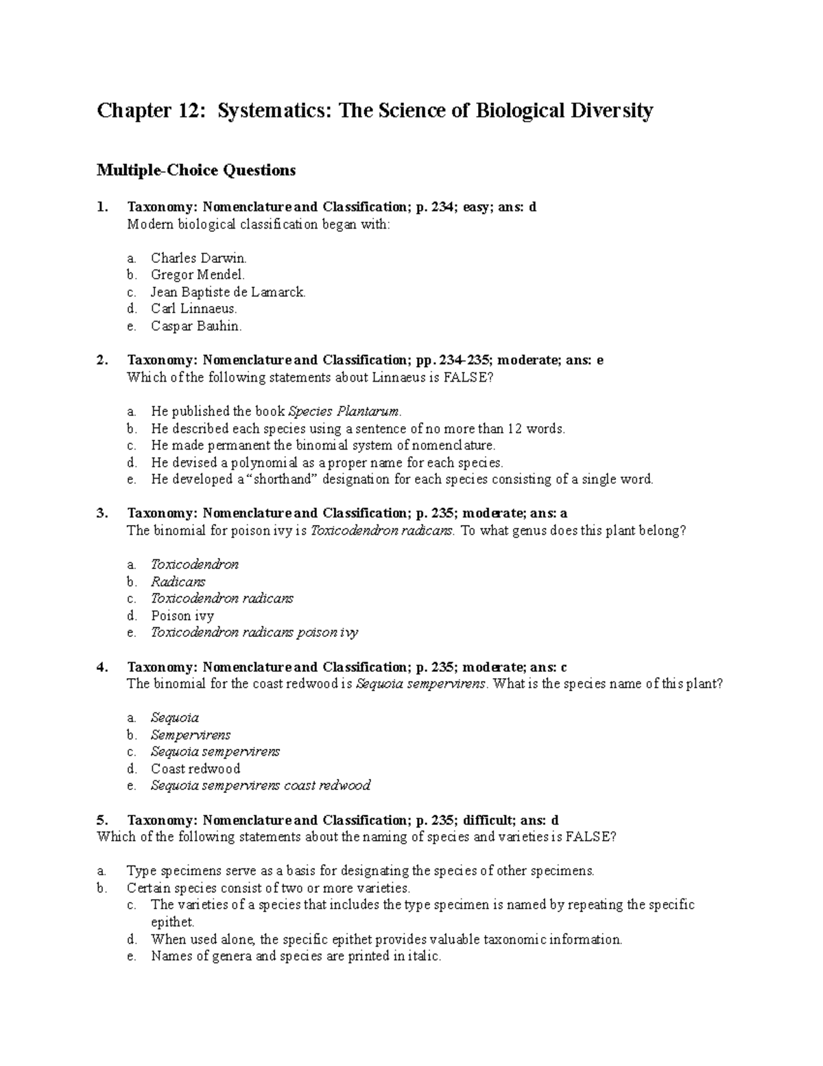 Chapter 12final Practice exams Chapter 12 Systematics The