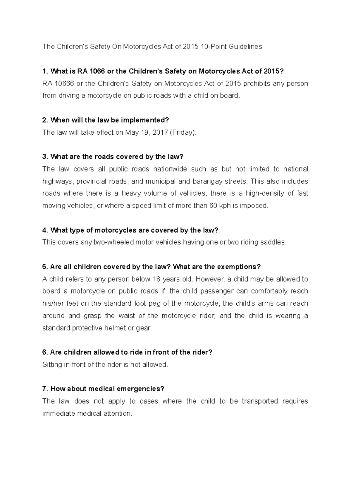 The Children’s Safety On Motorcycles Act of 2015 10Point Guidelines