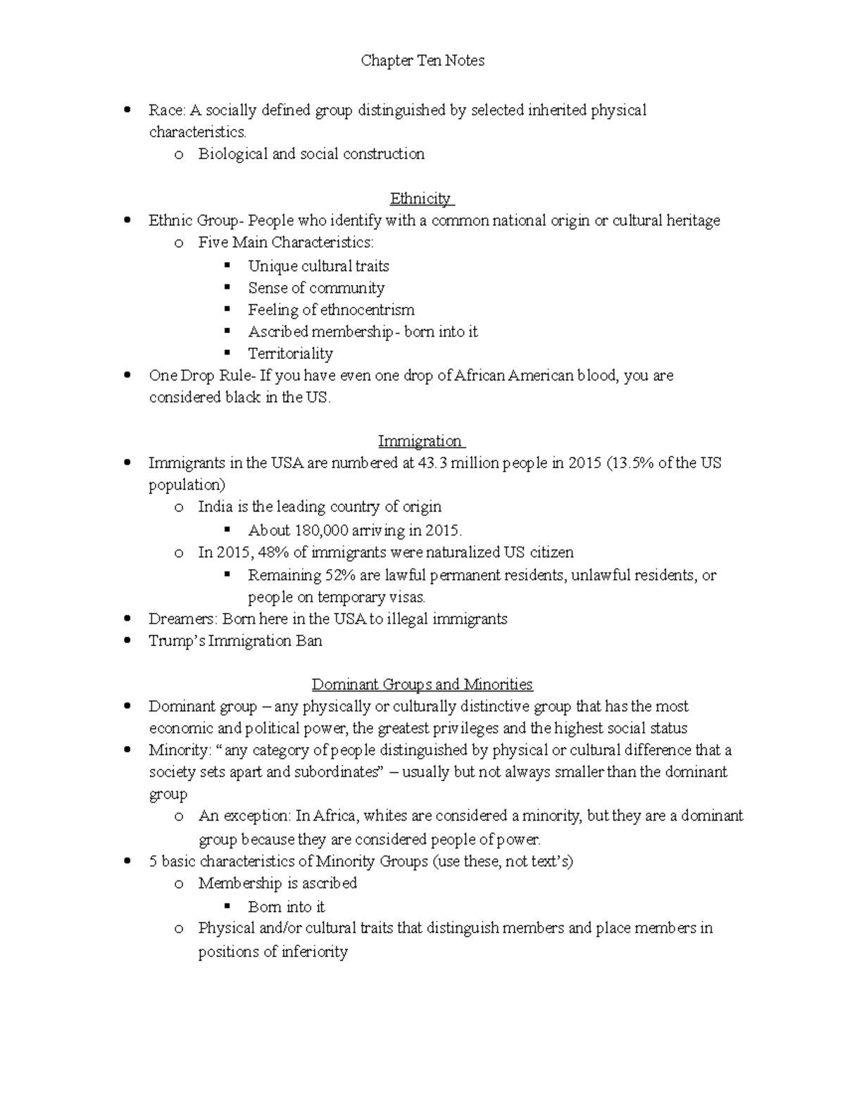 Chapter 10 Notes - Prof. Lori Deconinck - Chapter Ten Notes Race: A ...