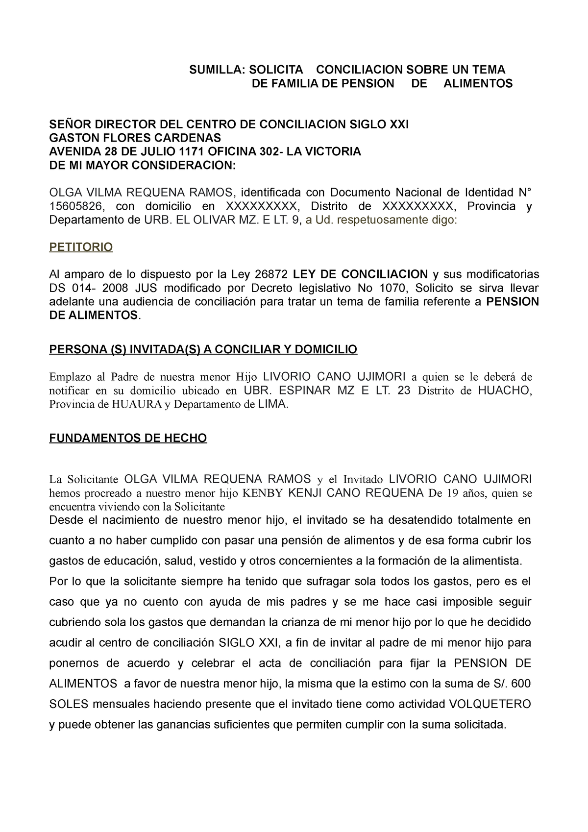 Plantilla Solicitud DE Conciliacion - Alimentos - SUMILLA: SOLICITA  CONCILIACION SOBRE UN TEMA DE - Studocu