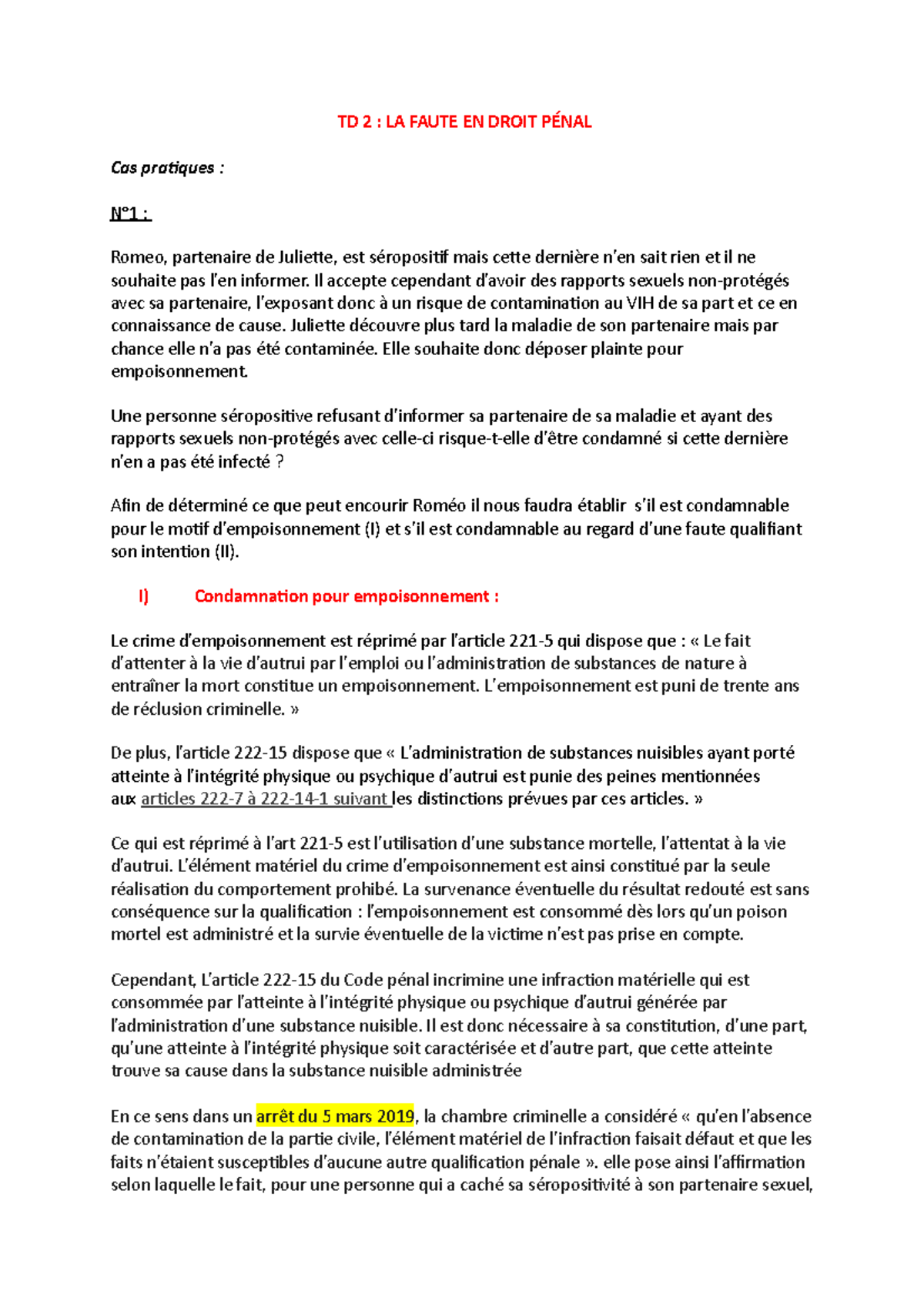 Article 221 5 1 Du Code Pénal TD2 cas pratiques - TD 2 : LA FAUTE EN DROIT PÉNAL Cas pratiques : N°1 :  Romeo, partenaire de - Studocu