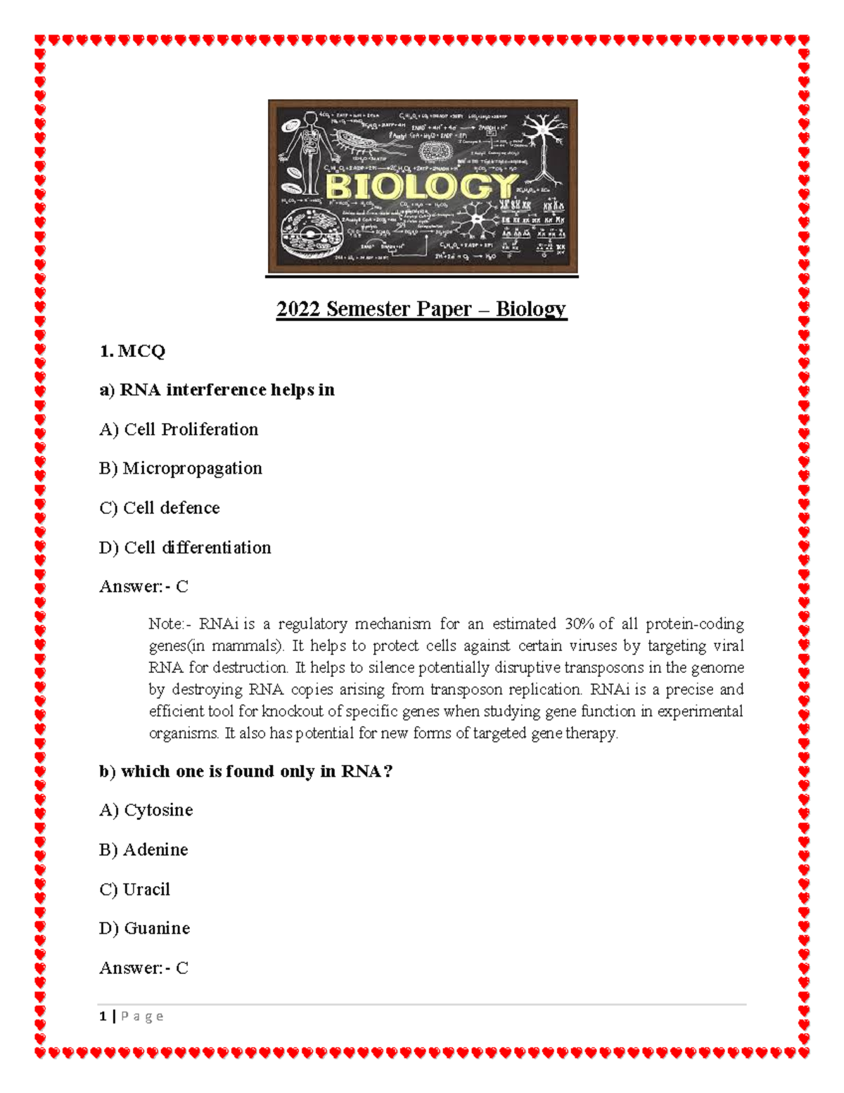 Biology for engineers - 2022 Semester Paper – Biology 1. MCQ a) RNA ...