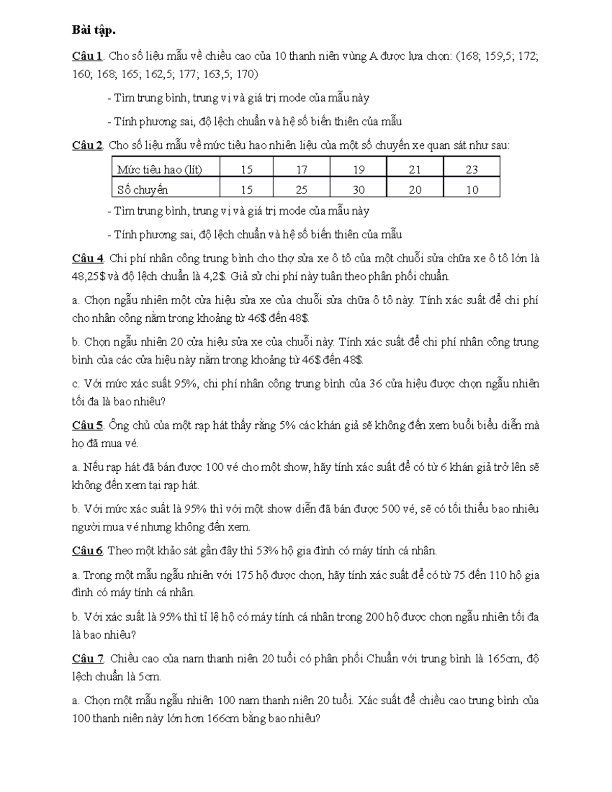 Bài tập chương 4 - Bài tập chương 4 - Bài tập. Câu 1. Cho số liệu mẫu ...