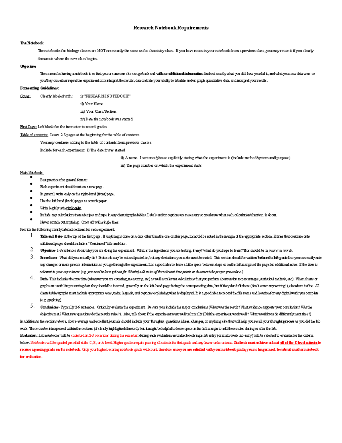 Notebook Rubric - Research Notebook Requirements The Notebook The ...