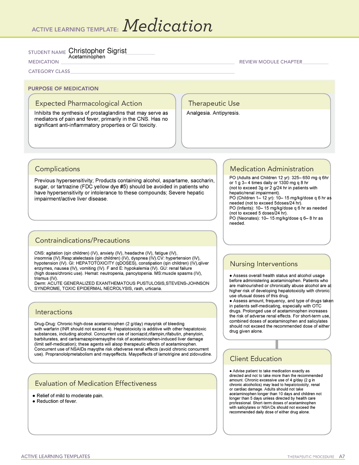 Acetaminophen Med Card ATI Template ACTIVE LEARNING TEMPLATES