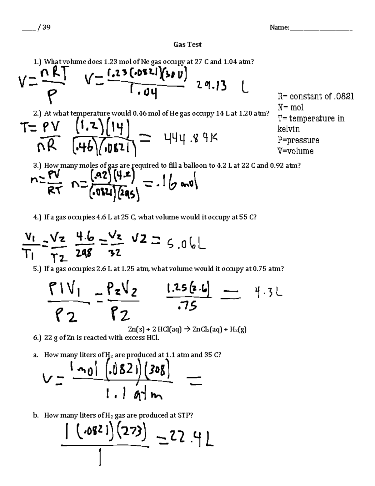 Gas Test 15 practice questions from class _____ / 39 Name