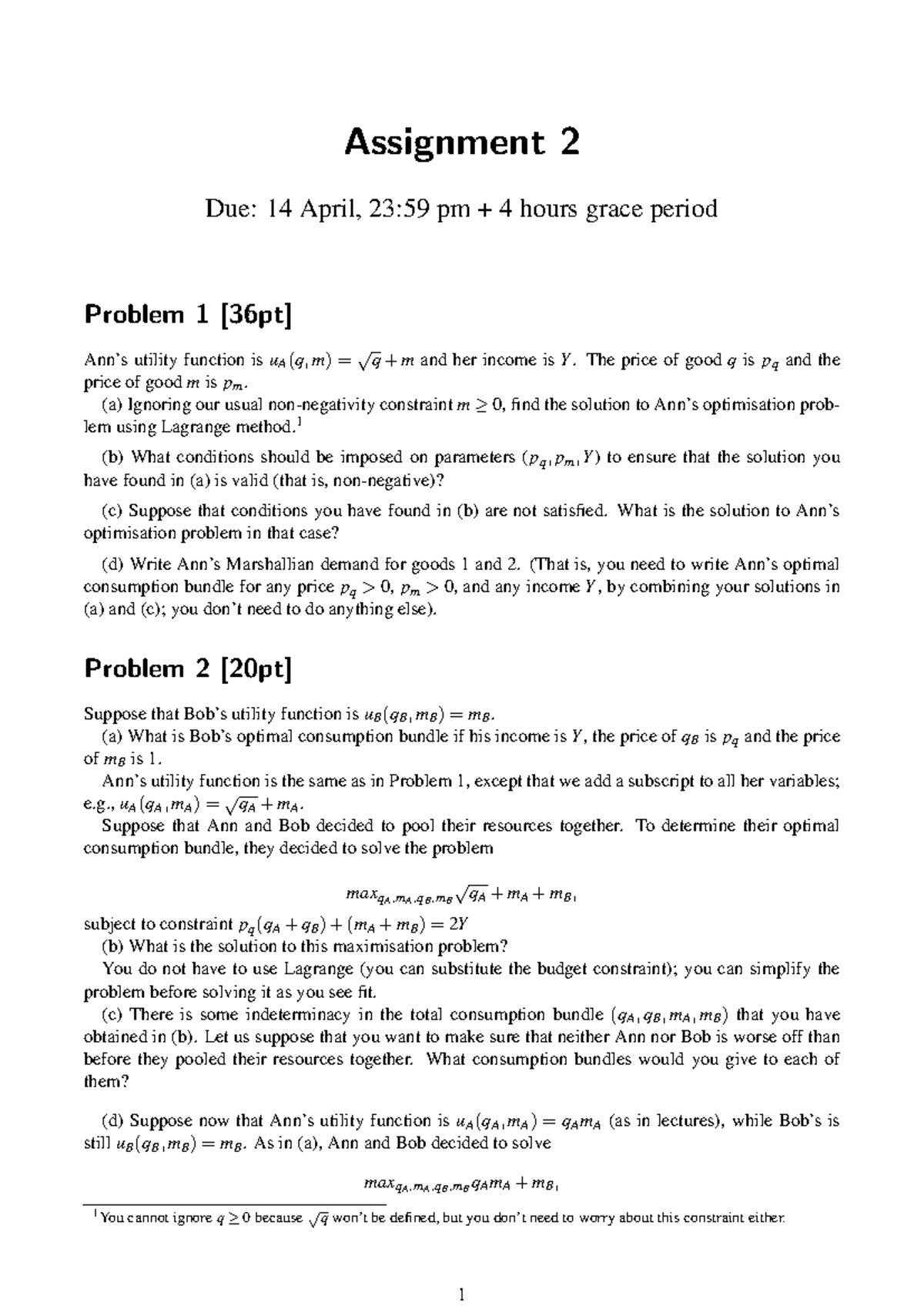 ECON30010 2024 A2 Q - Assignment 2 Due: 14 April, 23:59 Pm + 4 Hours ...