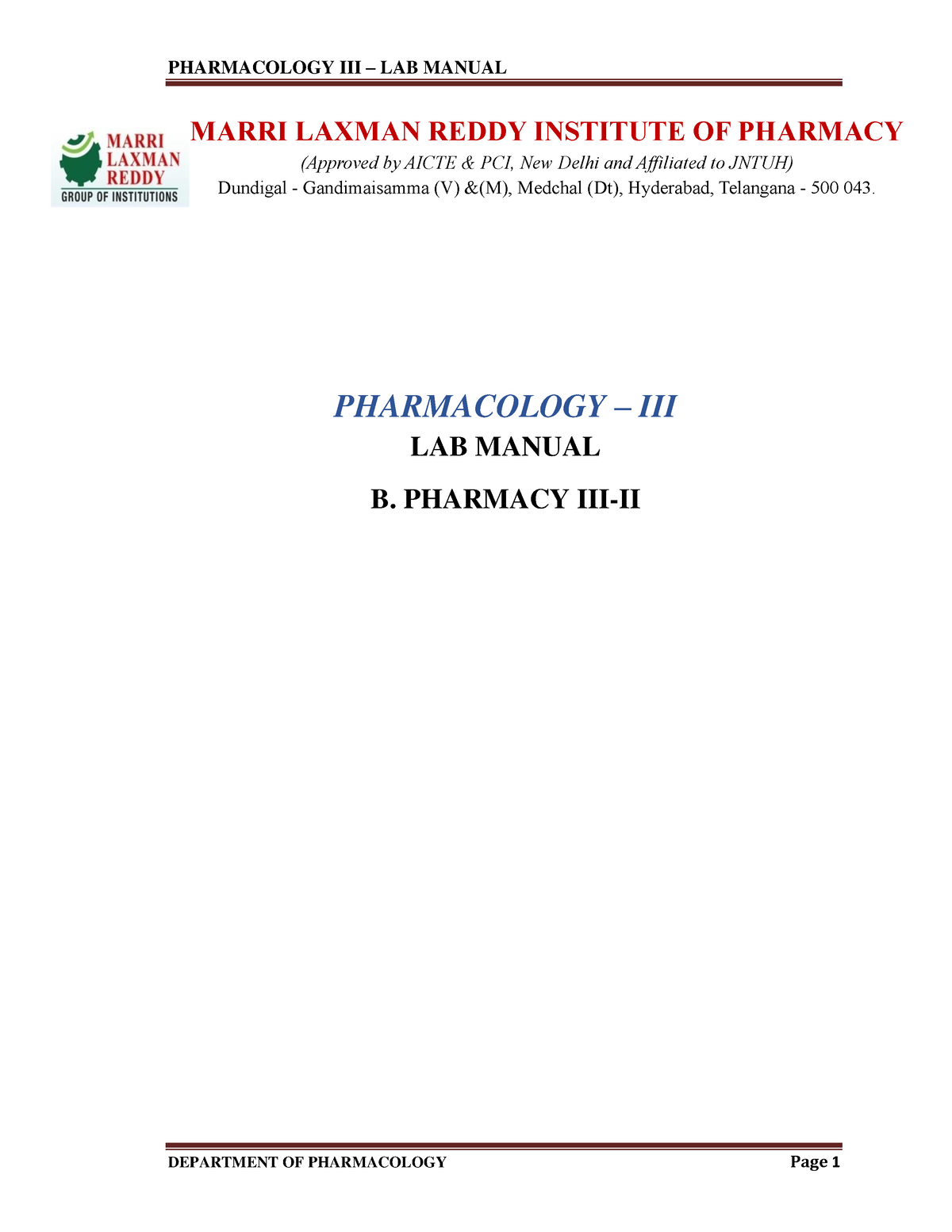 Pharmacology III LAB Manual - PHARMACOLOGY – III LAB MANUAL B. PHARMACY ...