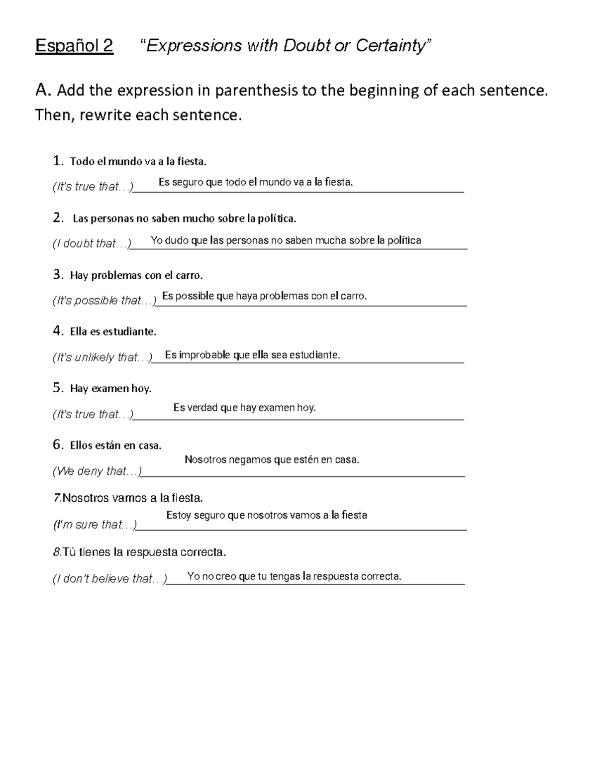 Expressions with Doubt-Certainty Exs A & B - Español 2 “Expressions ...