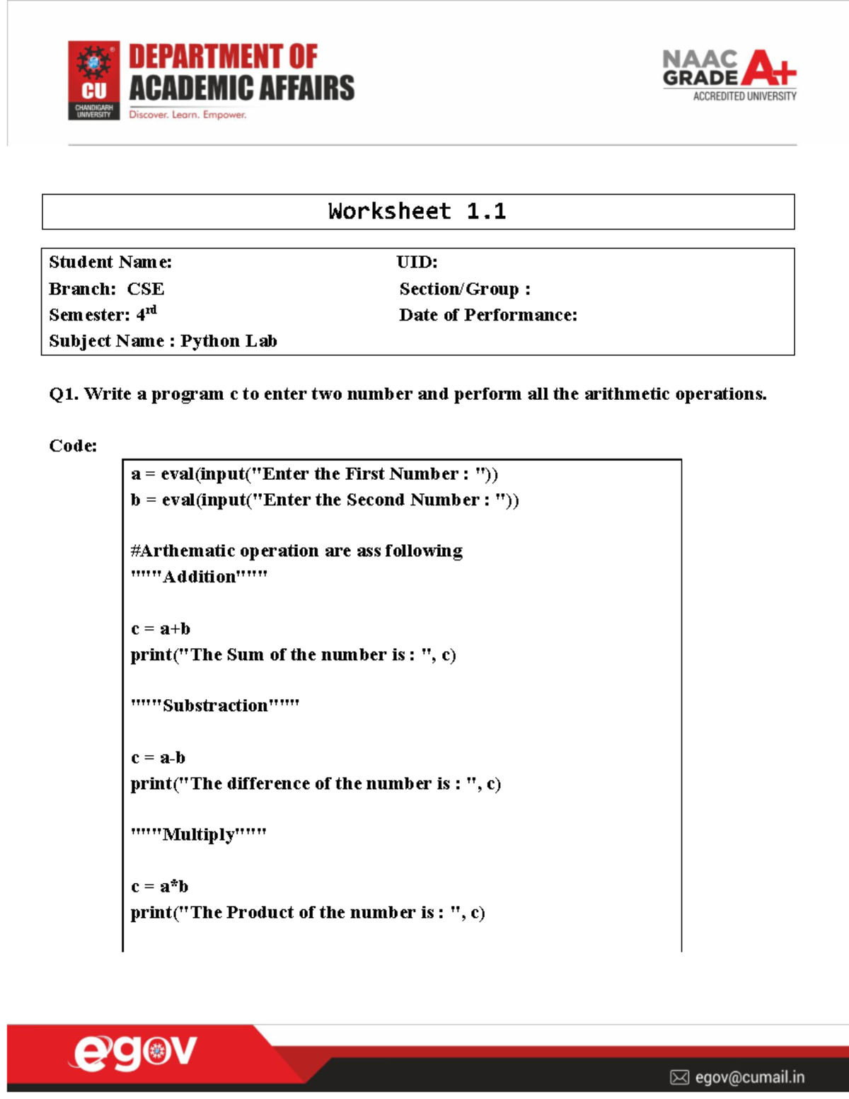 Python 1 Worksheet - Worksheet 1. Student Name: UID: Branch: CSE ...