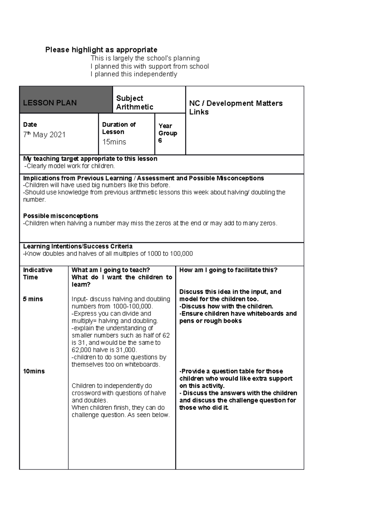 Lesson plan- Arithmetic Y6 - Please highlight as appropriate This is ...