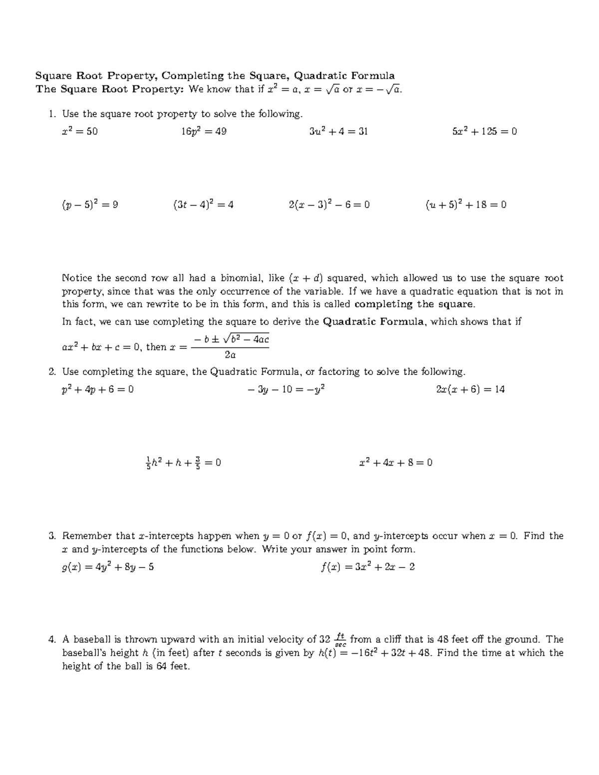 SEW Math worksheet 9.1 - Square Root Property, Completing the Square ...