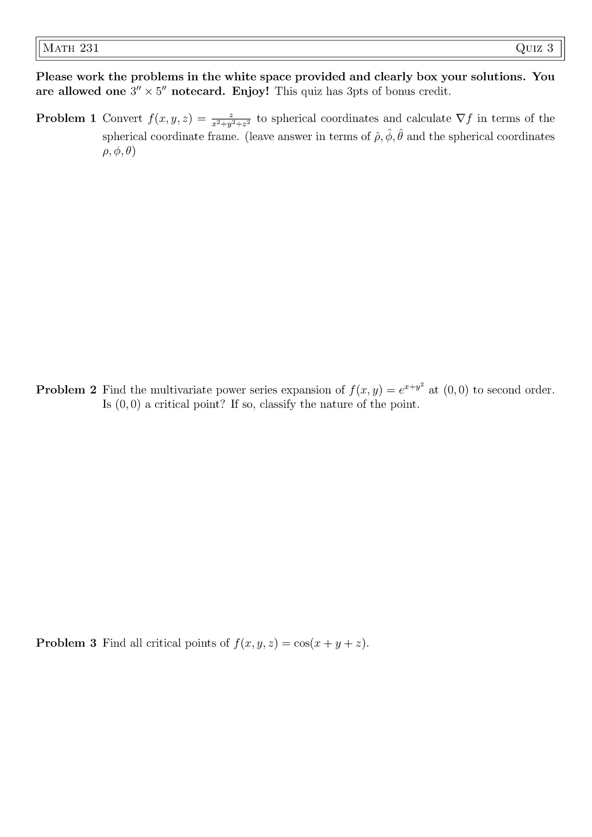 Calculus and Analytical Geometry III Quiz 3 - Math 231 Quiz 3 Please ...