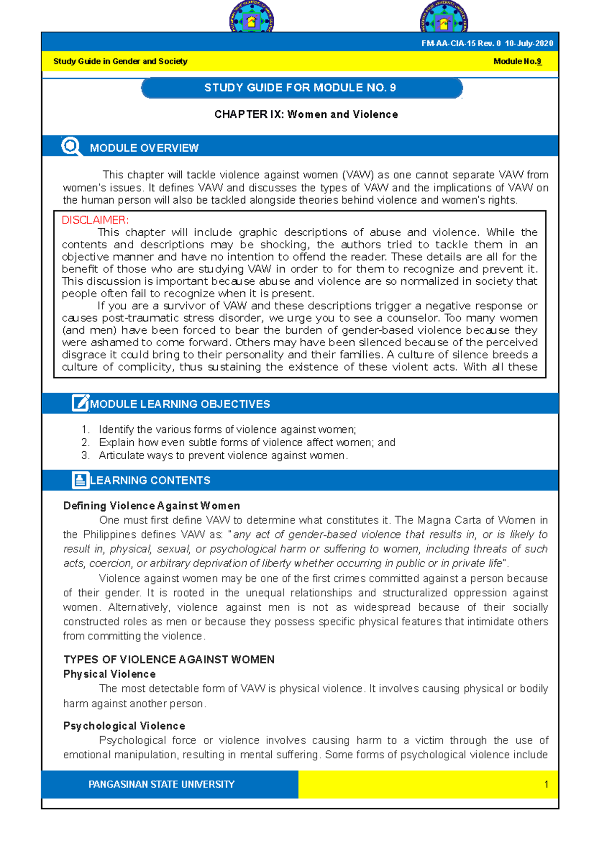 GEE2 Module 9 Women And Violence - CHAPTER IX: Women And Violence ...