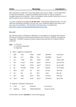 Phonology problem set - 164922 Q3161 Assessment 1 Phonology Problem Set ...