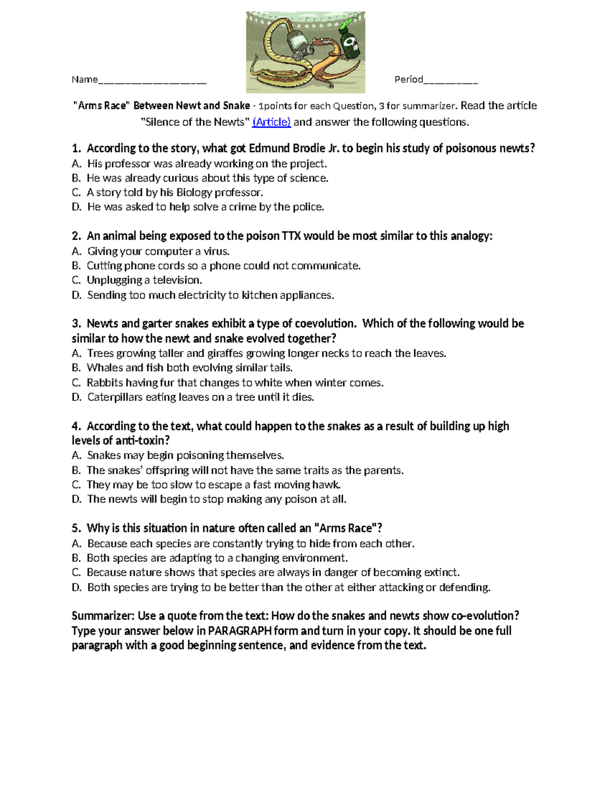 Taylor Chittester - Newt vs Snake Questions - Name ...