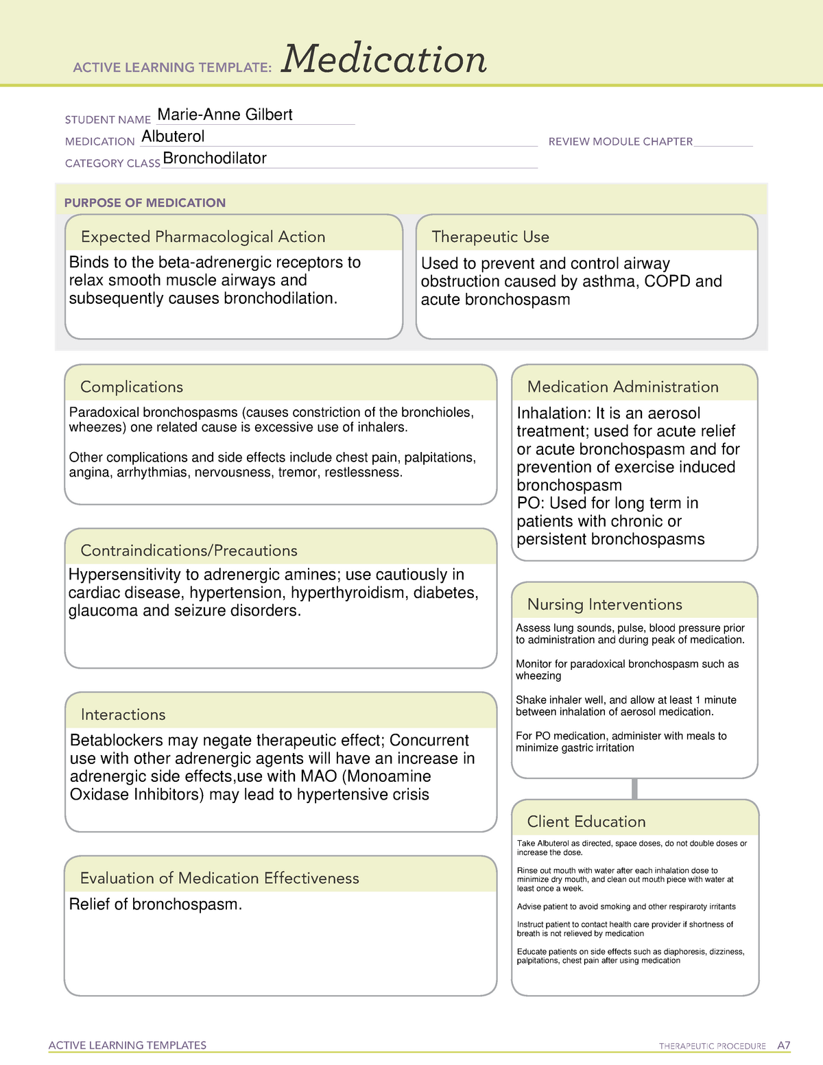 Albuterol Medication Template ACTIVE LEARNING TEMPLATES THERAPEUTIC