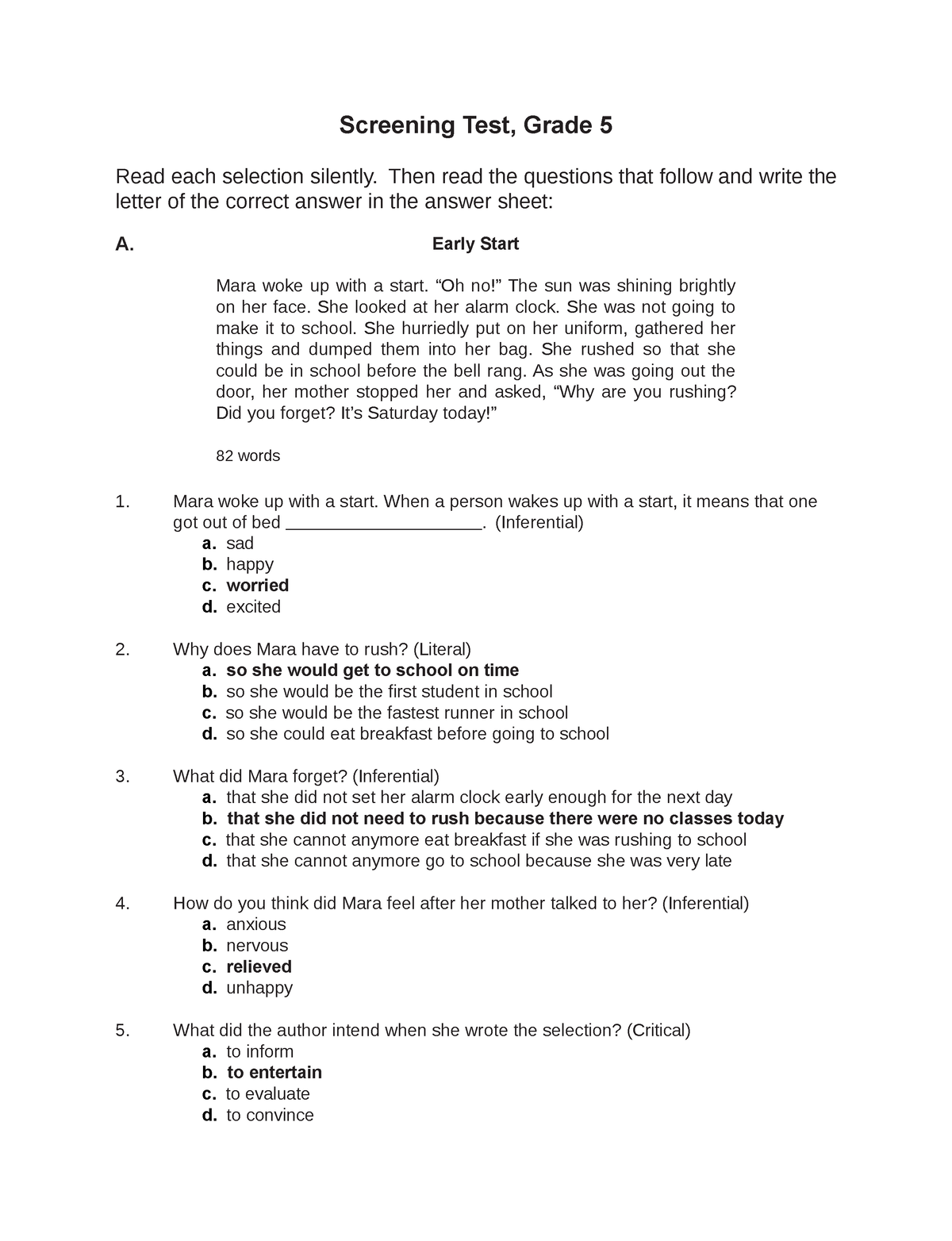 Screening Test Grade 5 - Phil IRI - Screening Test, Grade 5 Read each ...