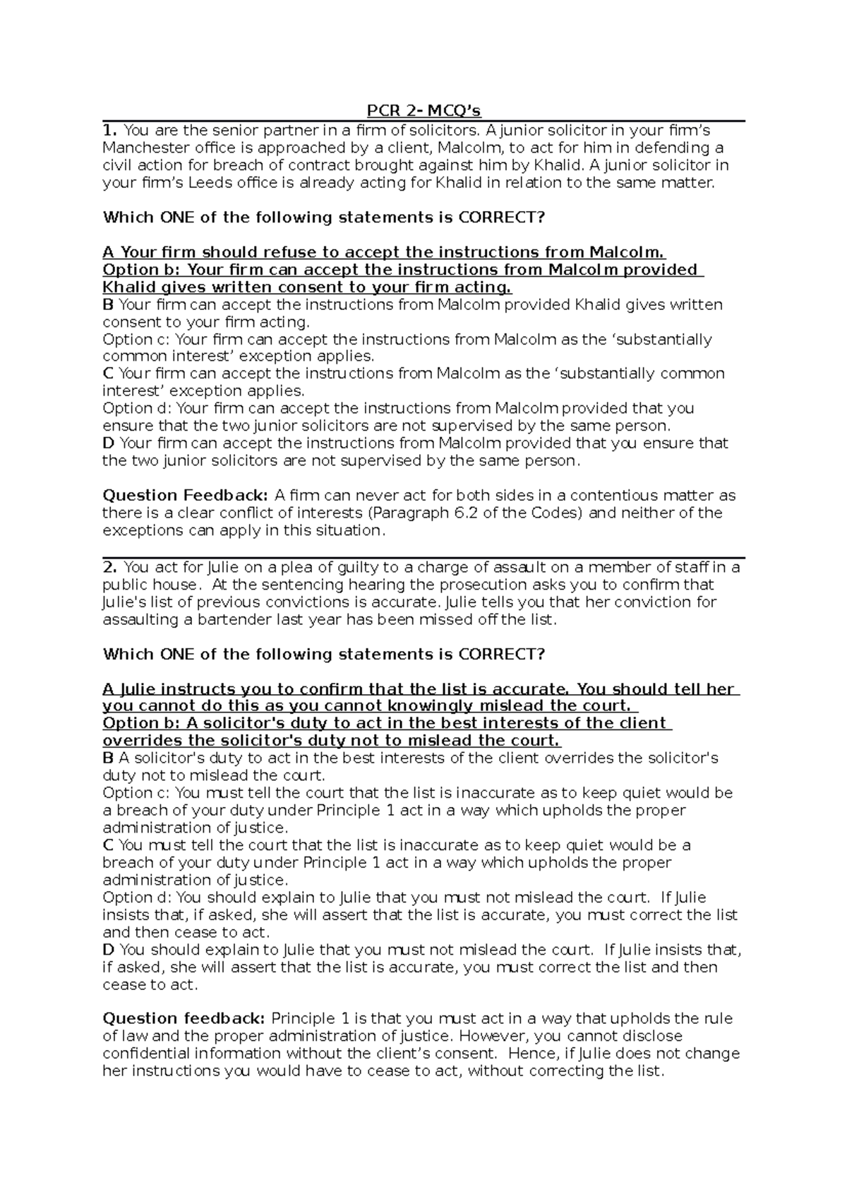 Professional Conduct and Regulation (PCR 2) - PCR 2- MCQ’s You are the ...