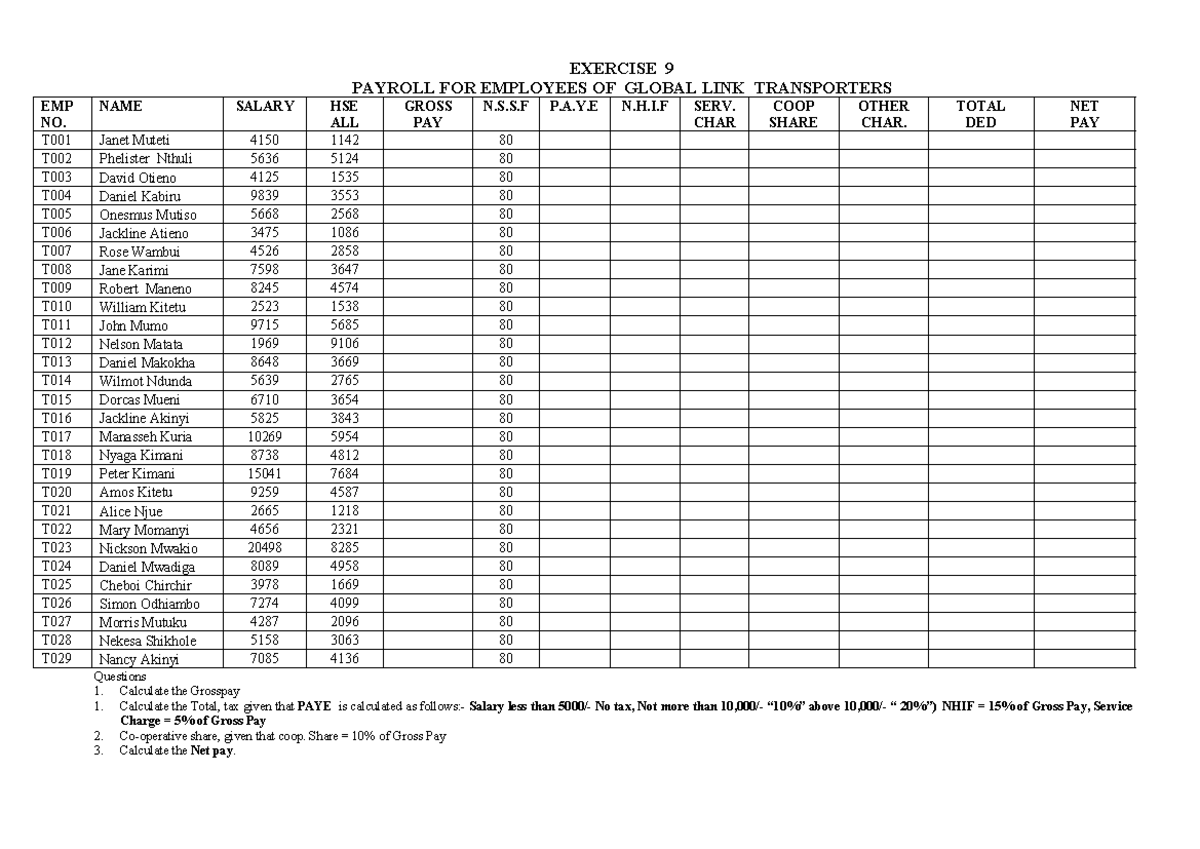 Ms Excel Manual Question 9 - EXERCISE 9 PAYROLL FOR EMPLOYEES OF GLOBAL ...