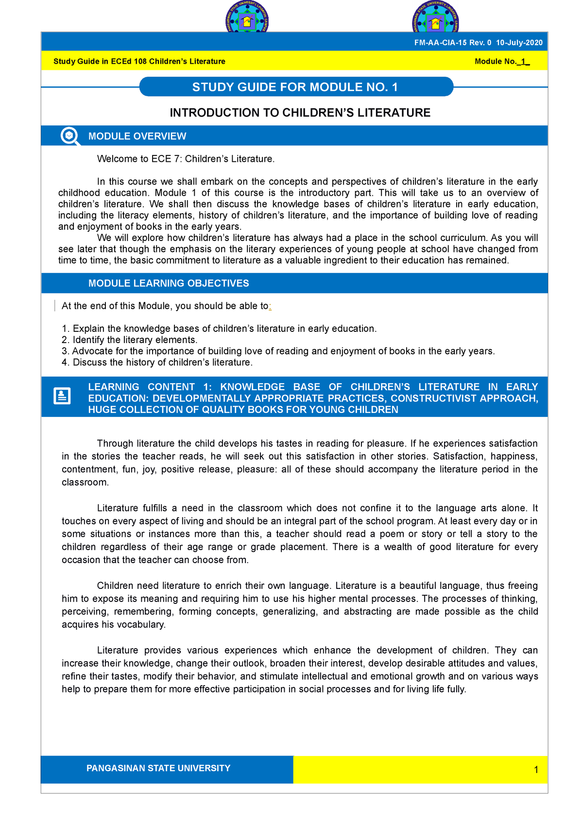 ECED 108- Module 1 - PANGASINAN STATE UNIVERSITY Study Guide in ECEd ...