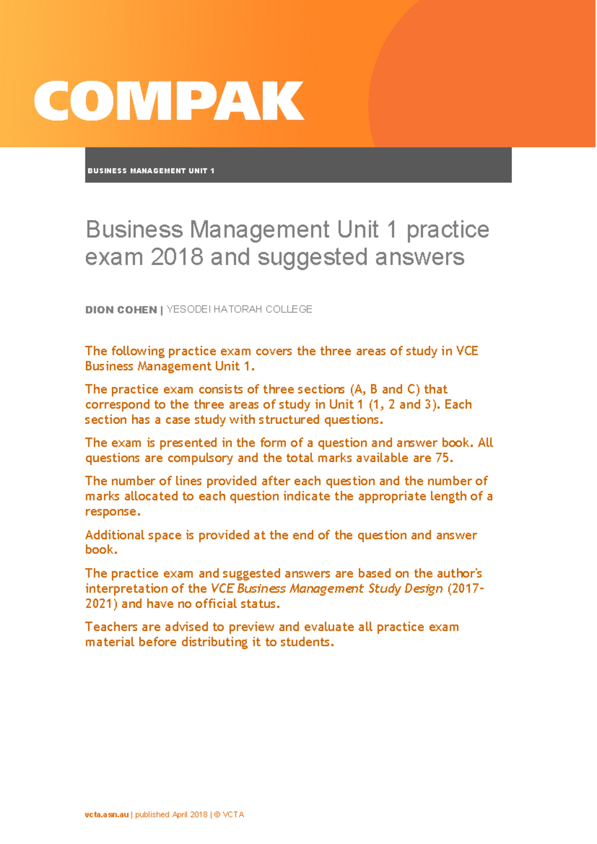 Practice Exam 2 2024 W Solutions Business Management Unit 1 Business