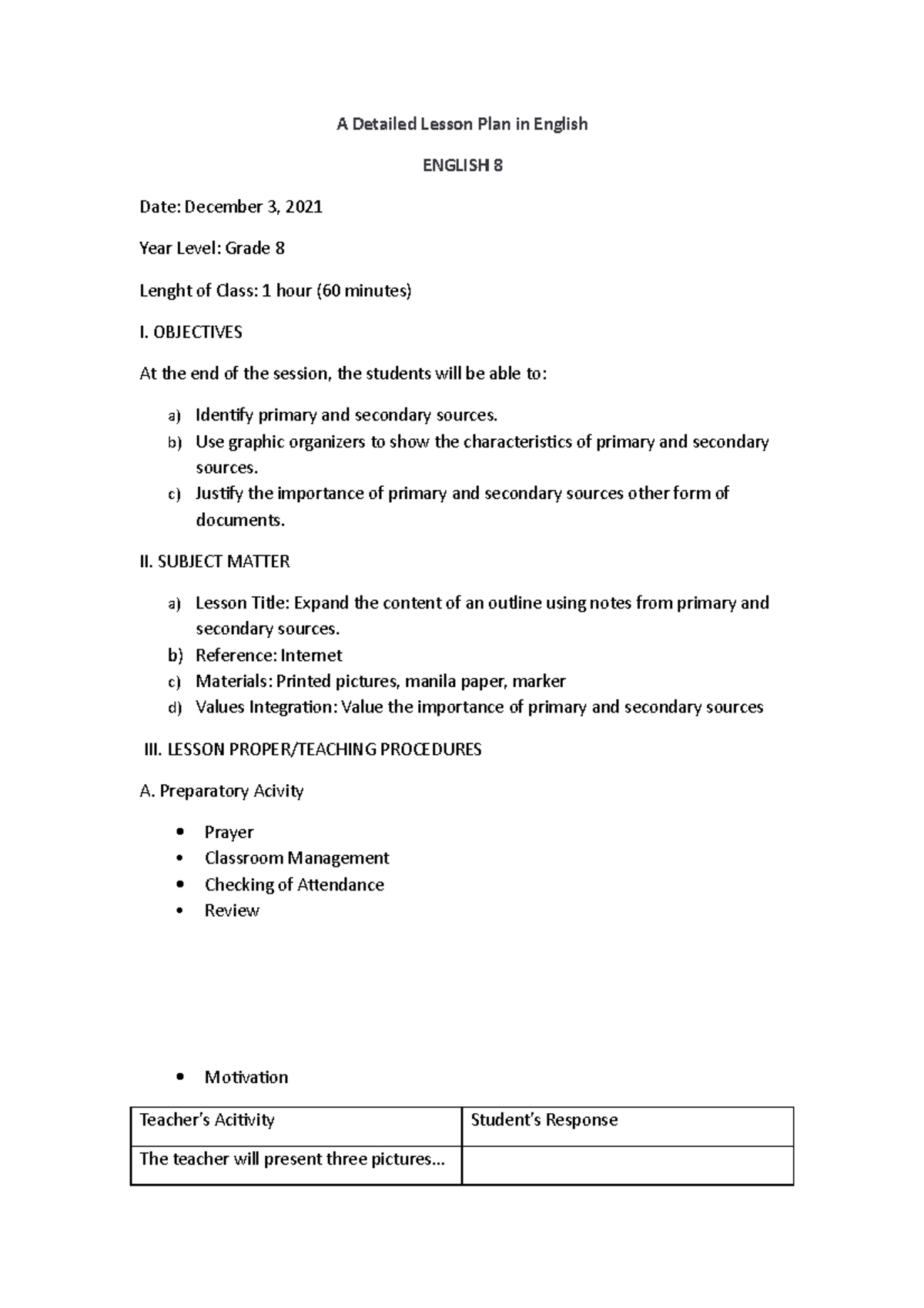 A Detailed Lesson Plan - OBJECTIVES At the end of the session, the ...