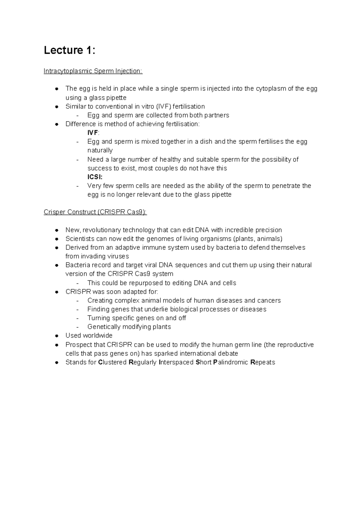 BIOL1010 Notes - Lecture 1: Intracytoplasmic Sperm Injection: The Egg ...