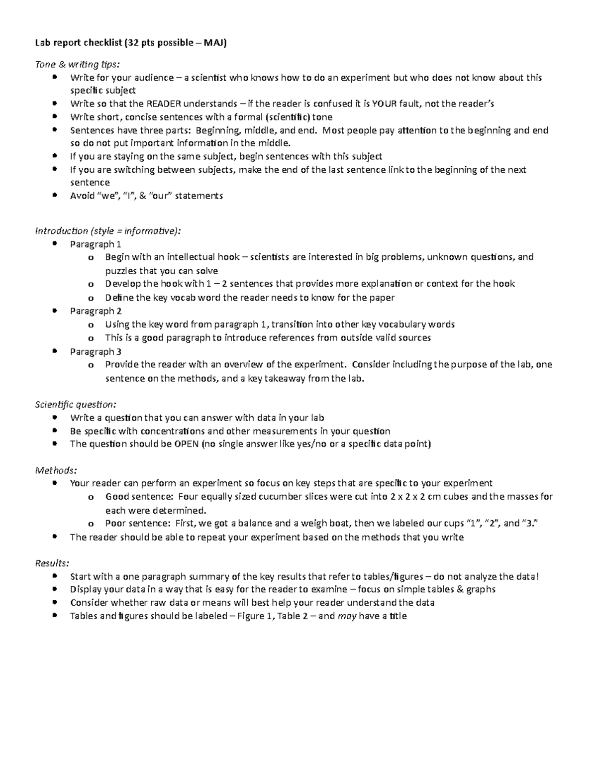 01 Enzyme Lab Report Checklist - Lab report checklist (32 pts possible ...