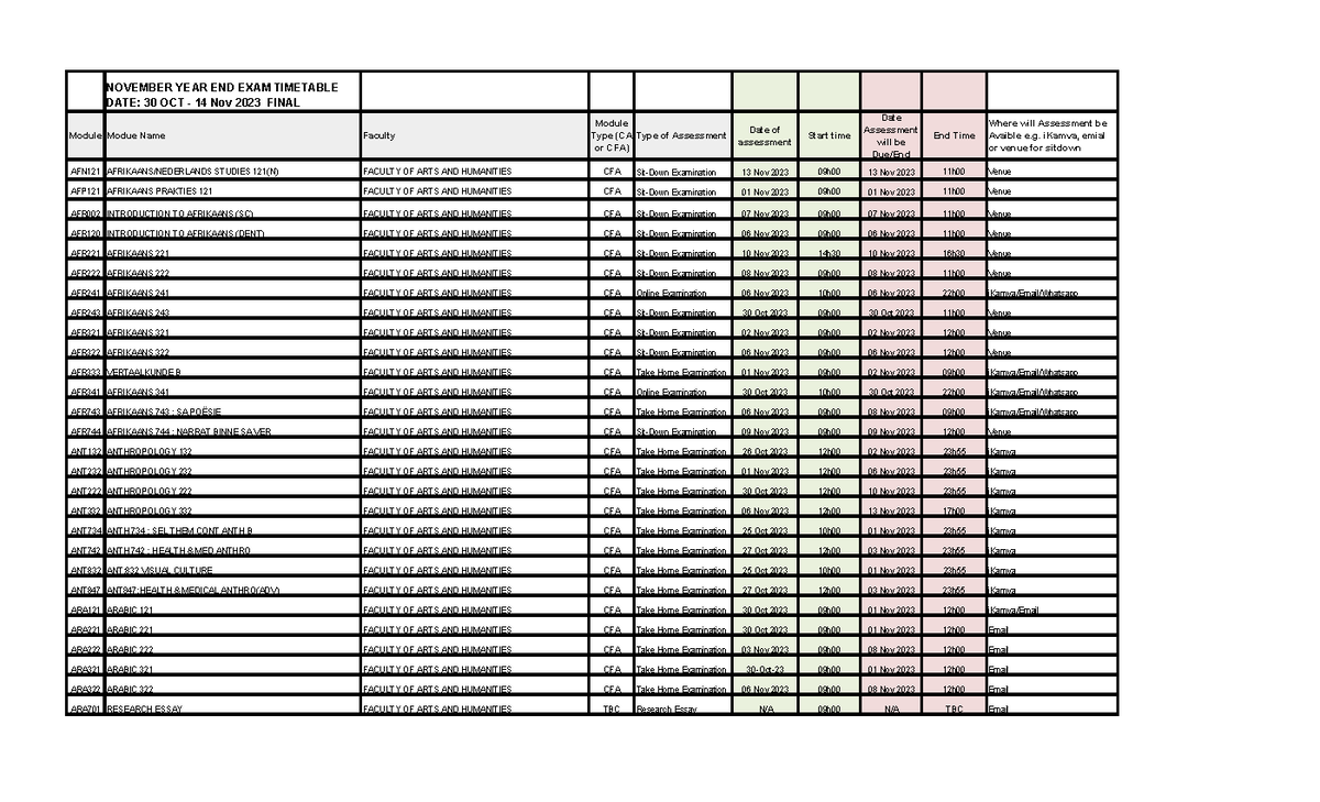 November 2023 - Year End Examination Timetable Final - NOVEMBER YEAR ...