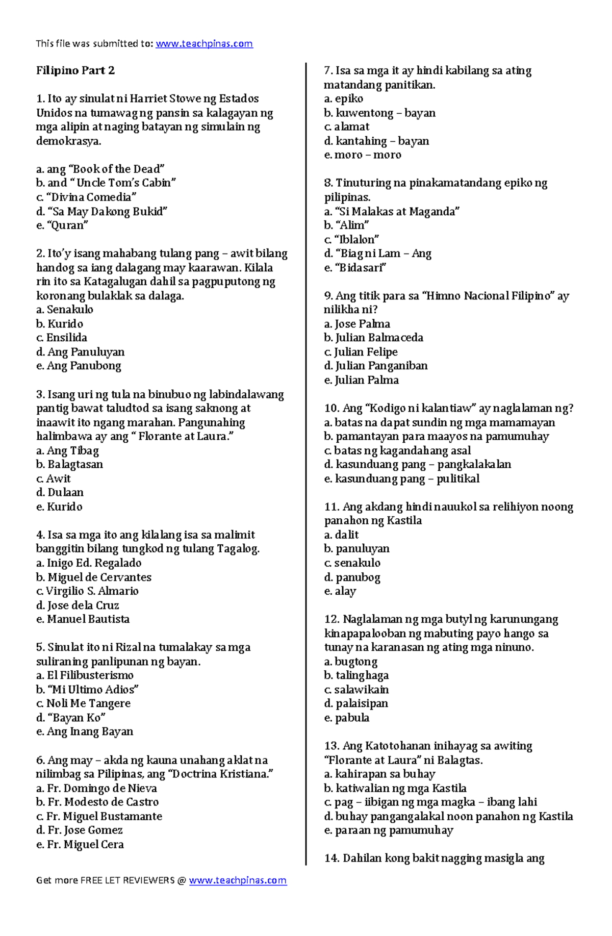Part 2 Filipino www - Reviewers - Filipino Part 2 Ito ay sinulat ni ...