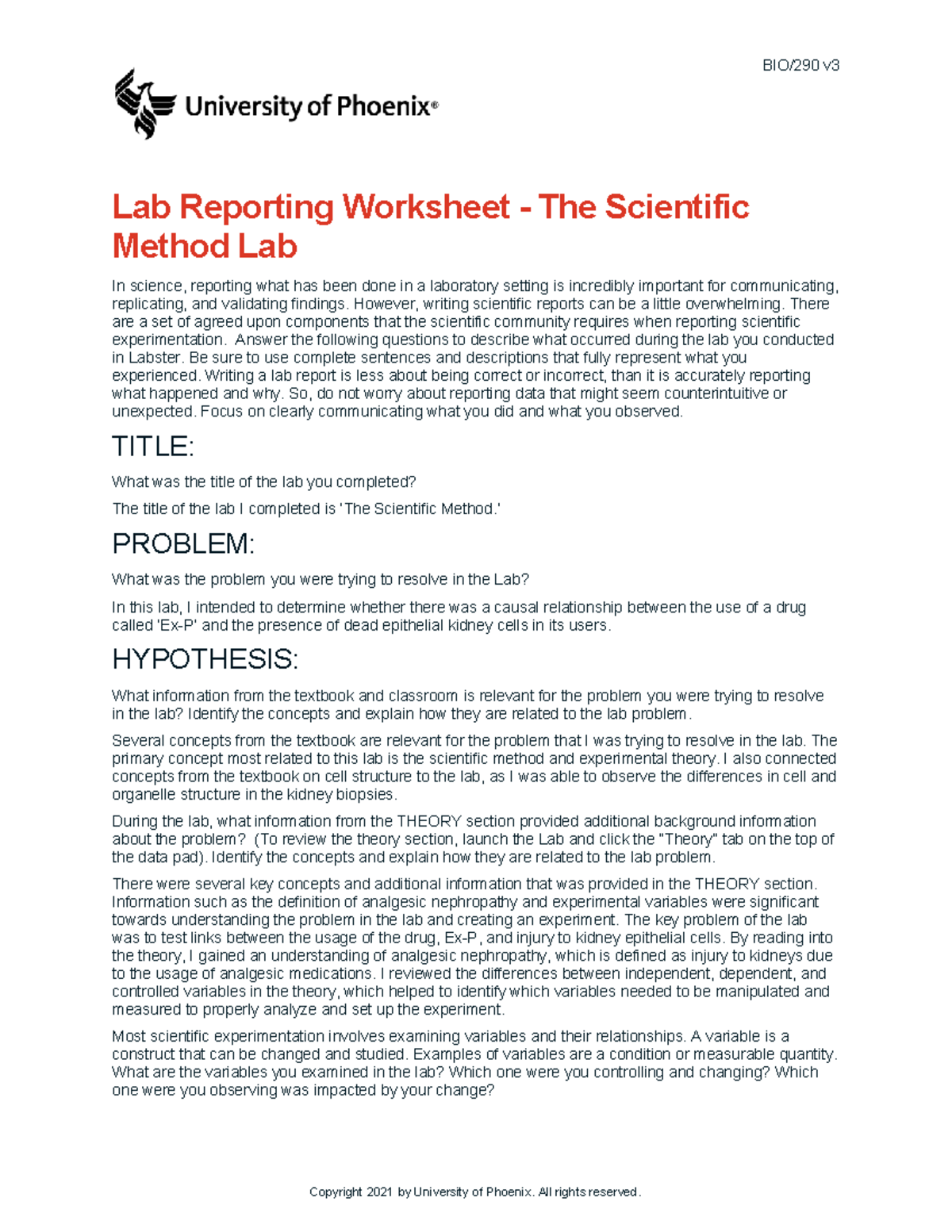 Scientific Method Lab Report Week 1 - BIO/290 v Lab Reporting Worksheet ...