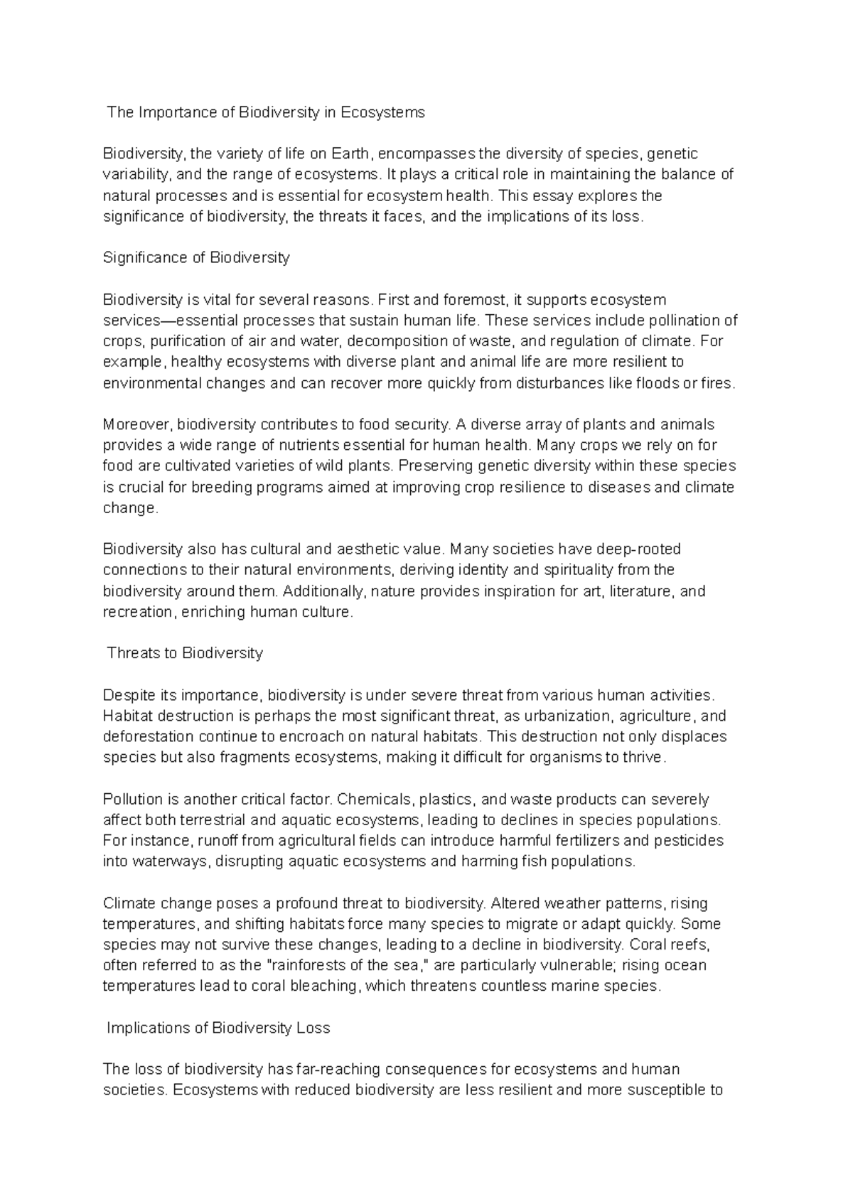 The importance of biodiversity - It plays a critical role in ...