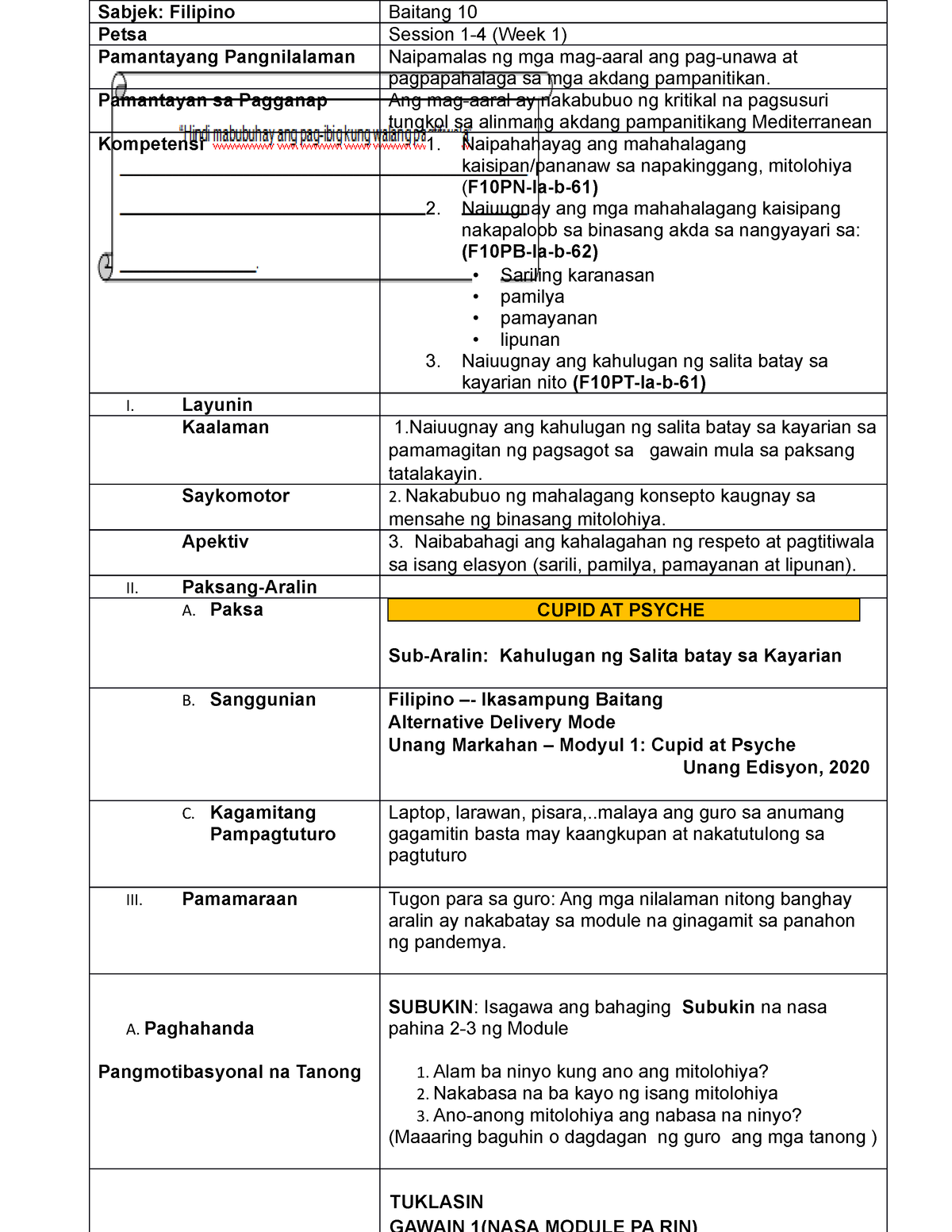 Lesson-plan- Filipino 10, Q1-W1 - Sabjek: Filipino Baitang 10 Petsa ...