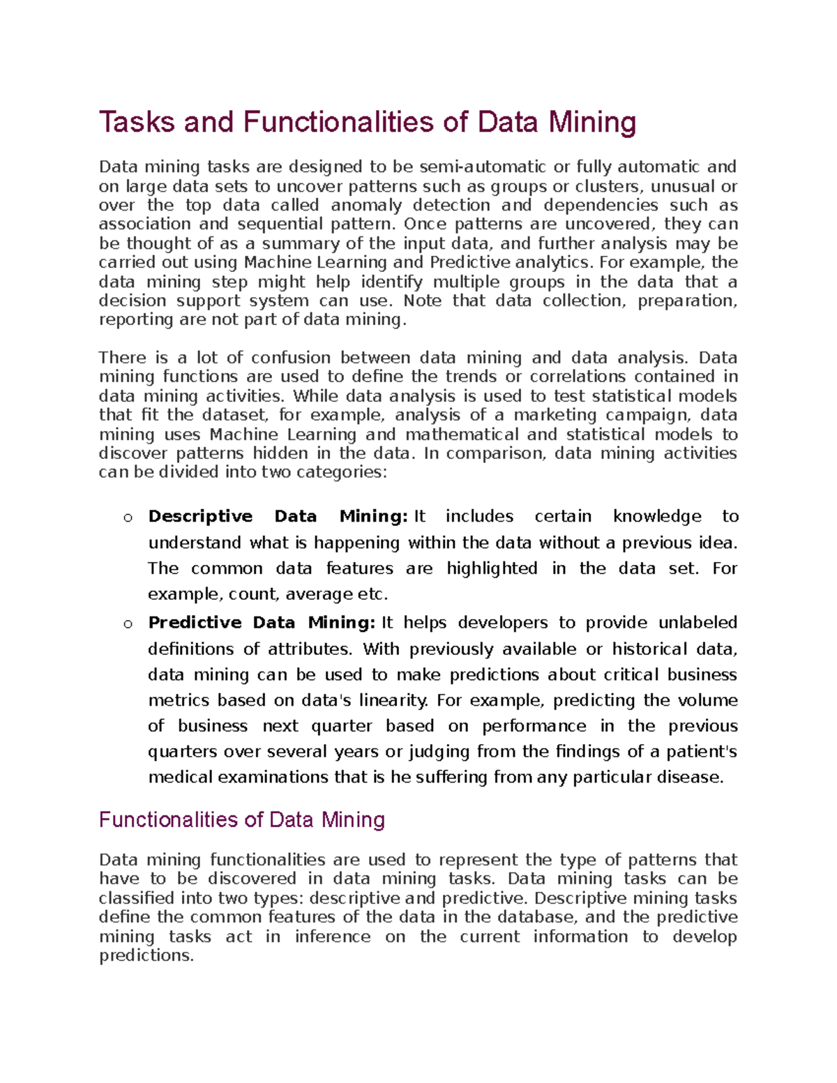 Data Warehousing Data Mining Unit 3 - Tasks and Functionalities of Data ...