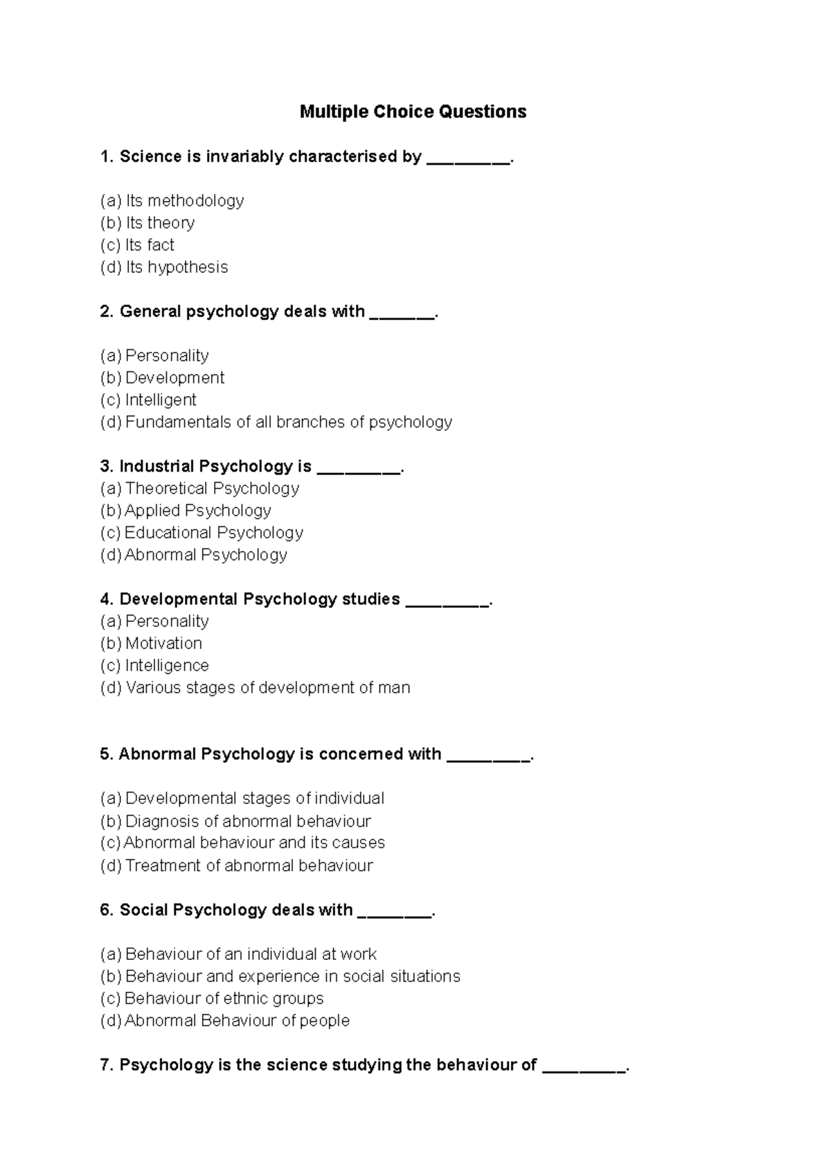 research methods in psychology multiple choice questions and answers