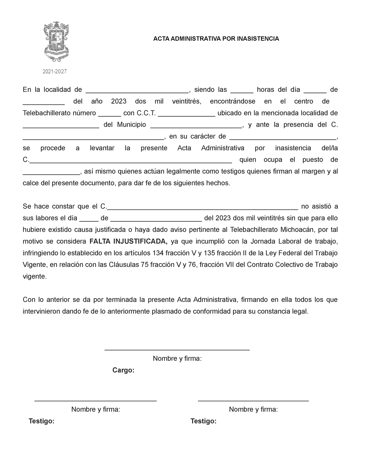 Modelo De Acta Administrativa Acta Administrativa Por Inasistencia